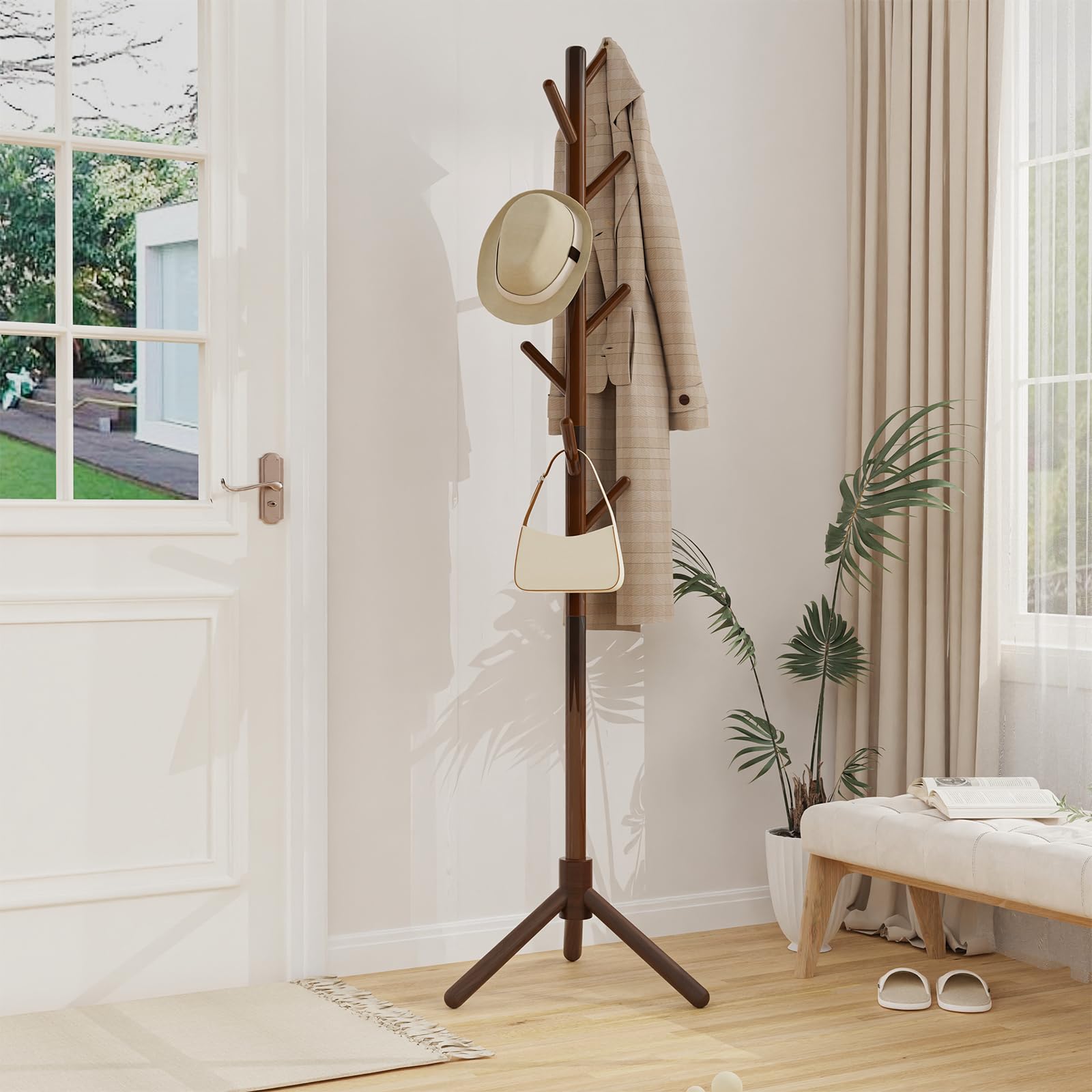 Attaccapanni da Terra, Appendiabiti Camera da Letto con 8 Ganci, Base Triangolare Stabile, per Ingresso, Corridoio, Entrata, in Legno, Marrone, 42×180cm