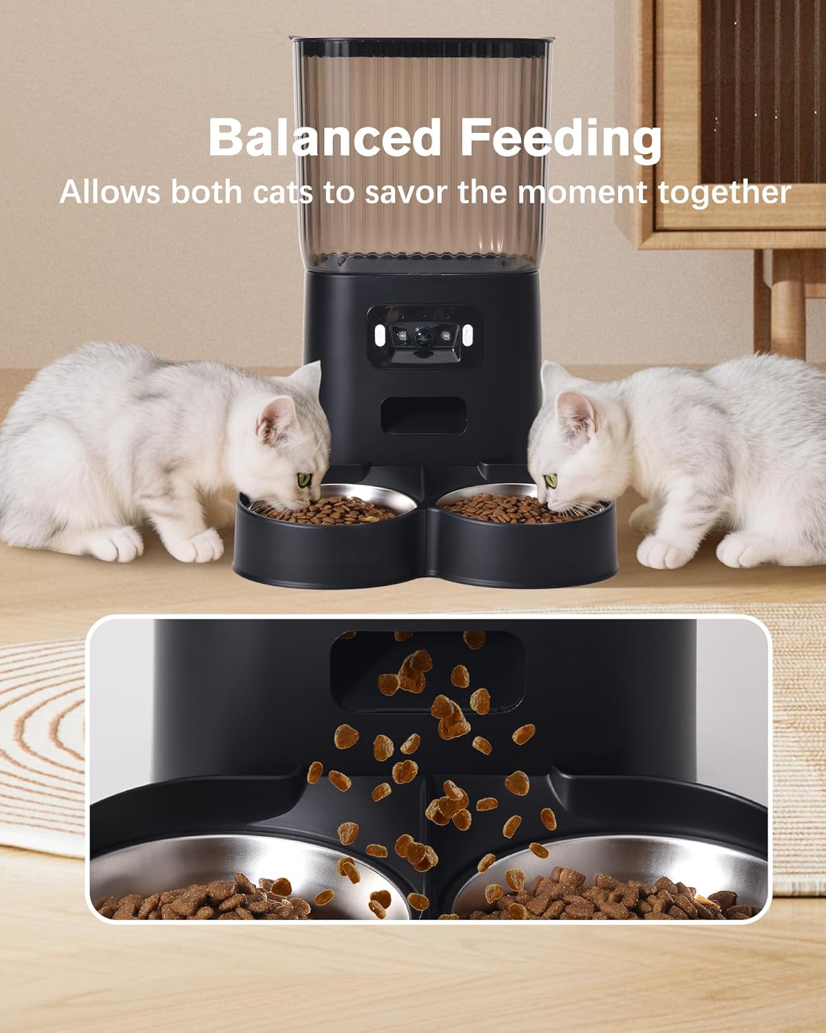 Automatic Cat Feeder, Camera Auto 2 Cats Dispenser 5L Microchip WiFi 2.4G&5G Timed Dual Pet Smart APP Dry Food Self Feeding Container Station (Black)