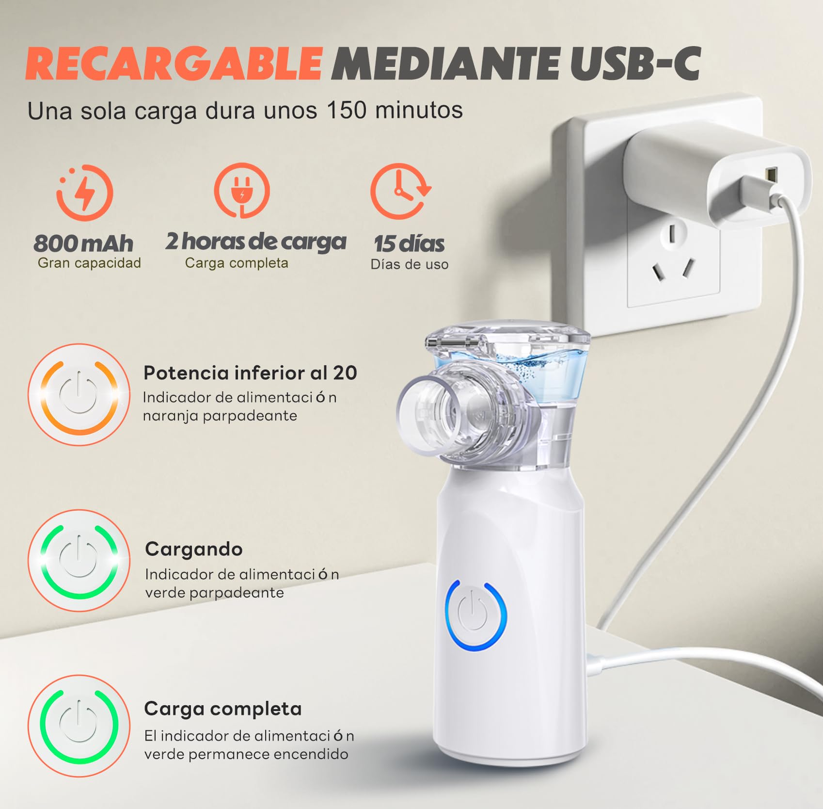 Nebulizador para Adultos, Nebulizador Portátil Recargable para Adultos y Niños, Silencioso para Niños con 2 Máscaras y Boquilla, inhalador Con Mango para uso Doméstico y de Viaje