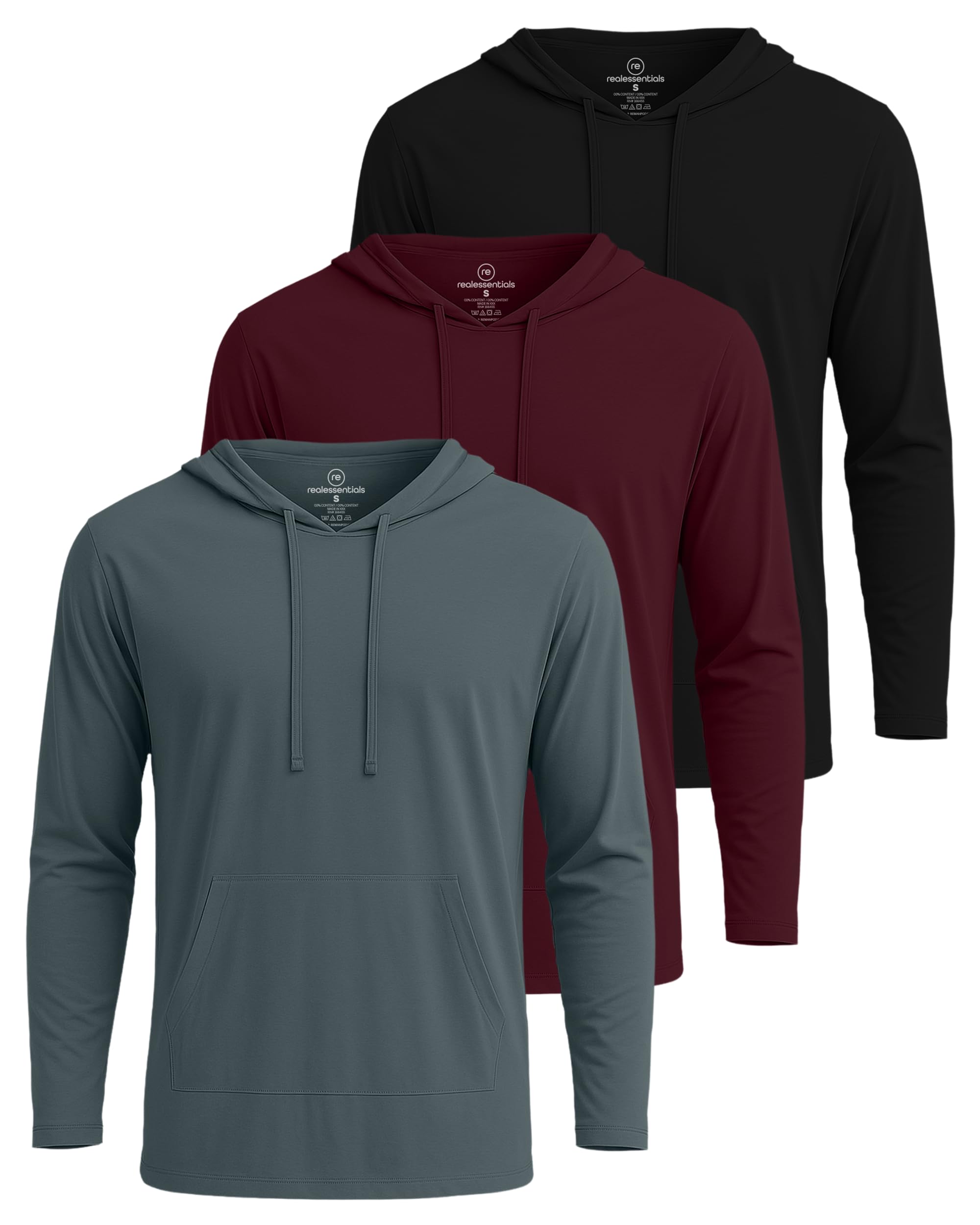 Real Essentials 3 Pack: Men's Cotton Lightweight Casual Pullover Drawstring Hoodie With Pocket (Available In Big & Tall)