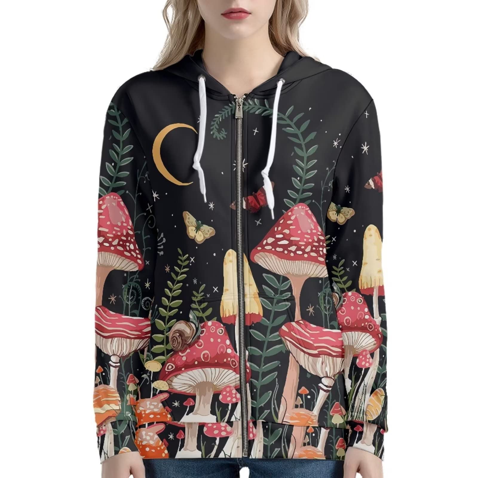 HUIACONG Damska bluza z kapturem zapinana na zamek błyskawiczny rozmiar XS-5XL nastolatki sweter, Ślimak motylkowy grzyb, 4XL