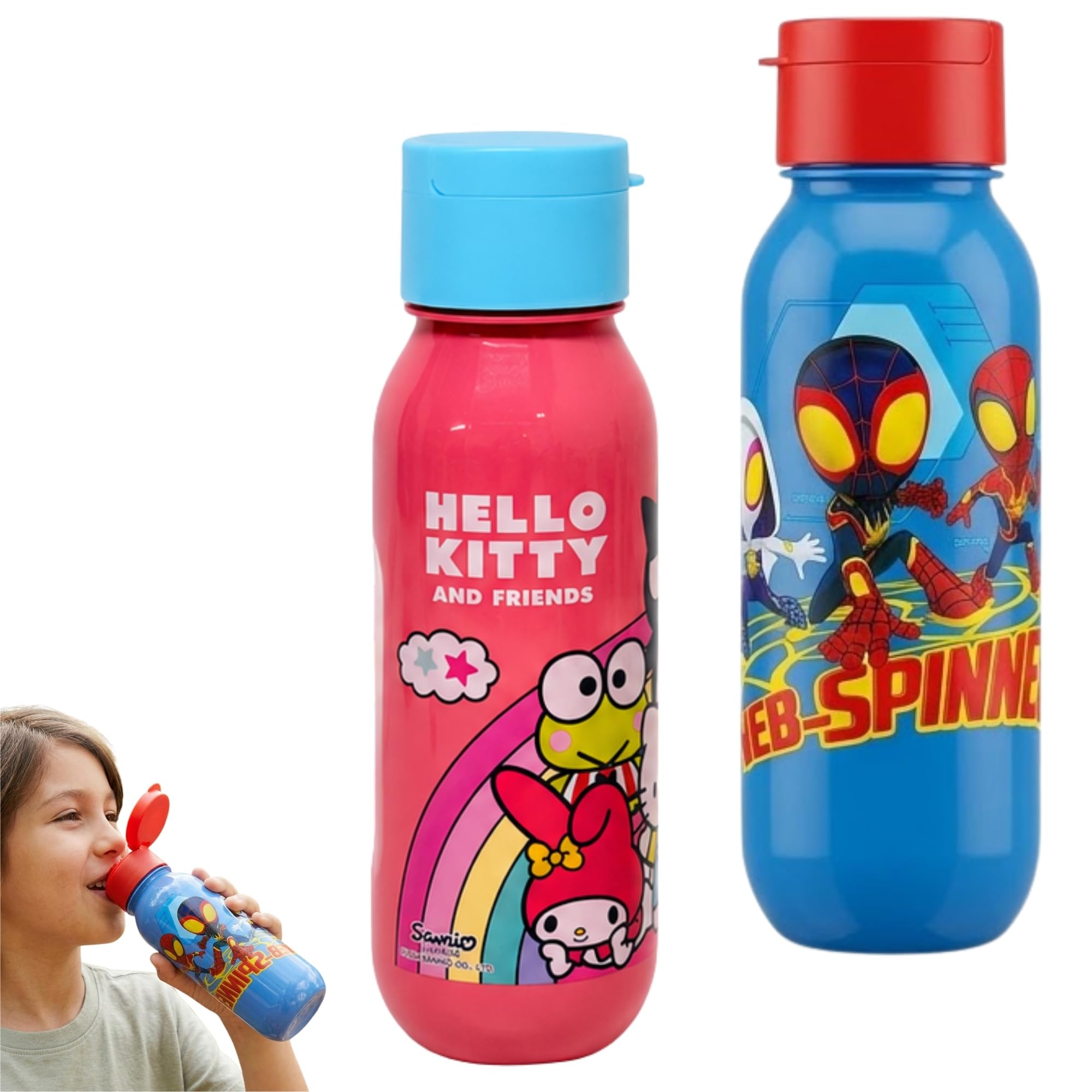 SRV Hub Spidey Hello Kitty Kids Water Bottle Pack 500ml Reusable BPA Free Character Drinks Bottle Set School Travel
