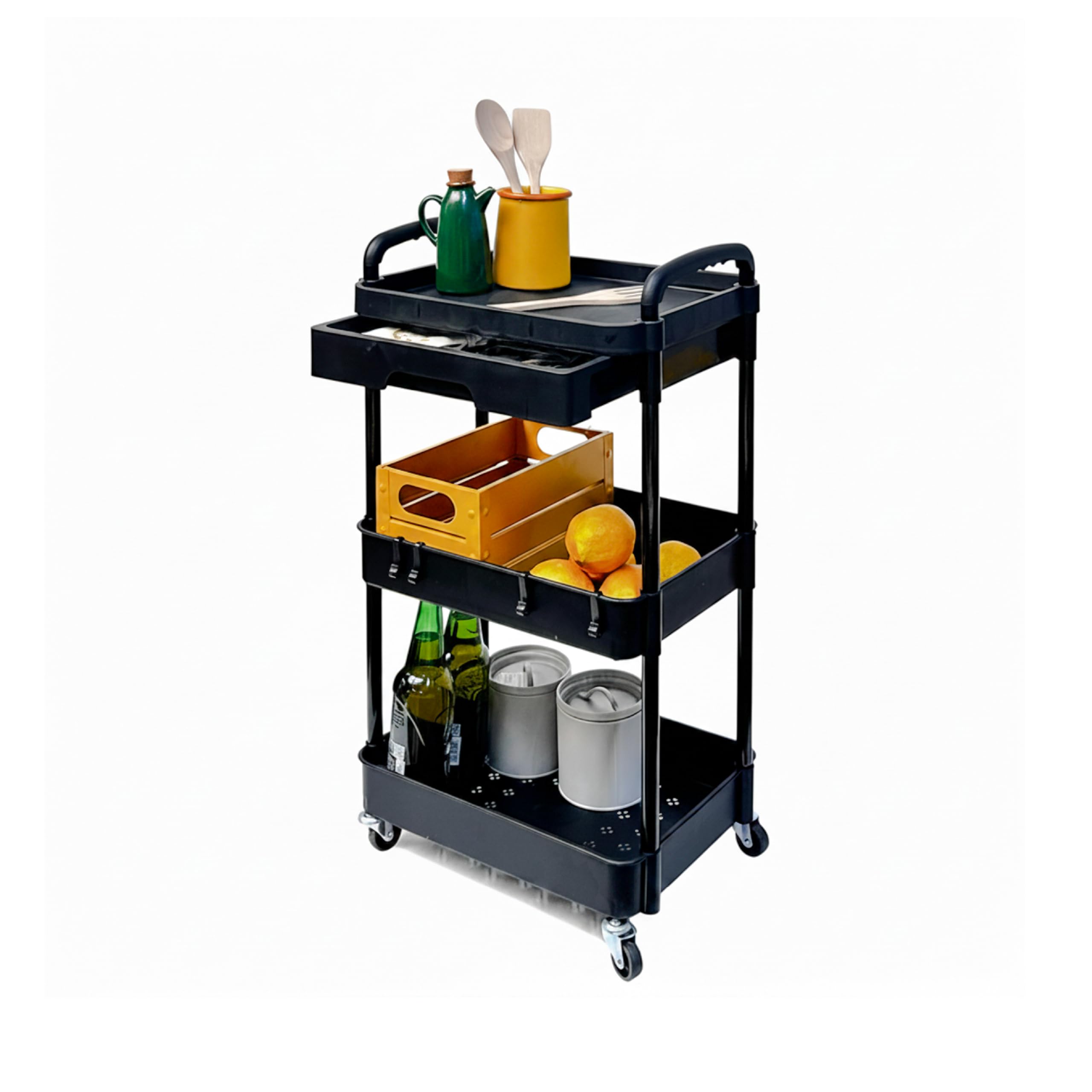 Baroni Home Carrello Portaoggetti con Ruote e Freno, 3 Ripiani con Cassetto, Struttura Resistente con Maniglie, Organizer Salvaspazio per Cucina, Bagno e Cameretta (Nero)