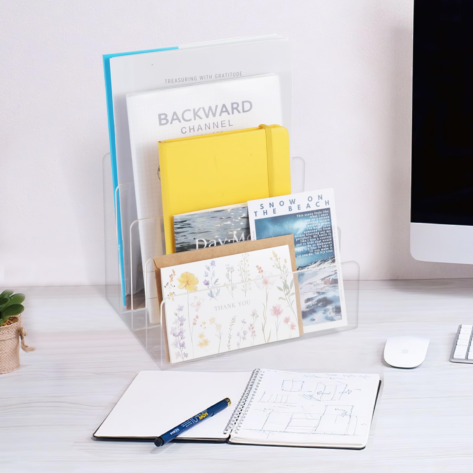 ZZDWLDHA 2 PCS Acrylic File Holder,4Sections Clear File Organizer Mail Letter Sorter Desktop Folder for Home Office School