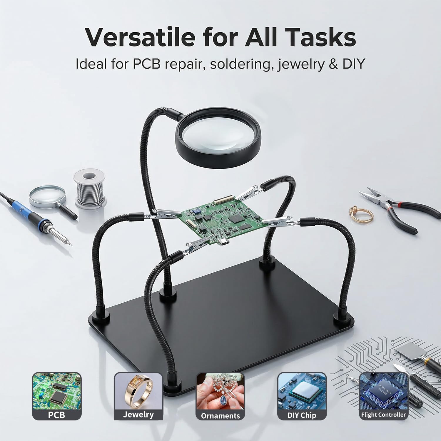 Helping Hands Soldering Station with 5X Magnifying Glass, Soldering Holder Metal Circuit Board Holder 4 Flexible Metal Arms Magnetic Helping Hand for Soldering, Assembly, Repair