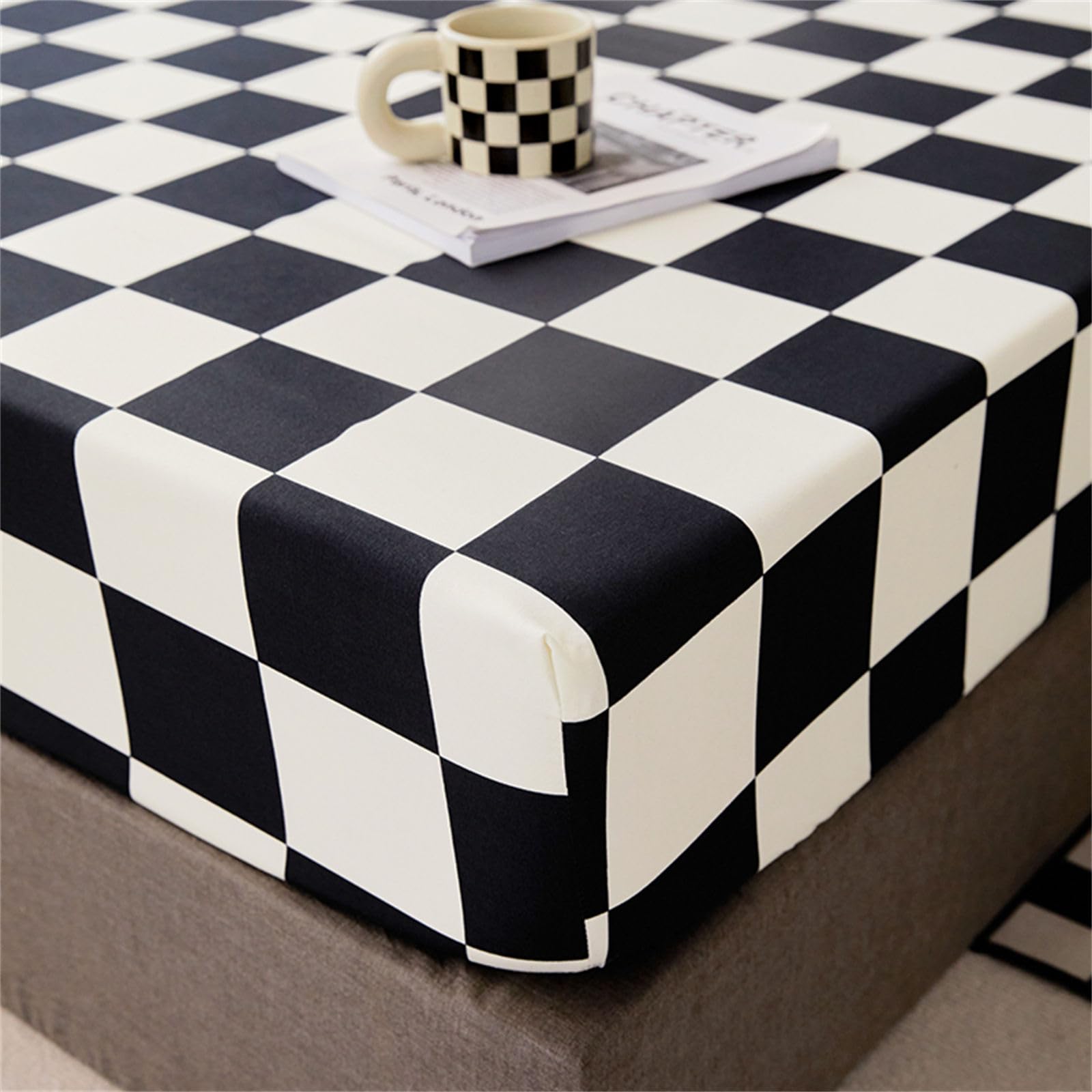 Odot Microfiber Fitted Sheet, Checkerboard Pattern Fitted Sheets with Deep Pocket 30cm, Soft Breathable Bed Sheets, Single Double King Size Bed Sheet for Children Adult (180x200x30cm,Black)