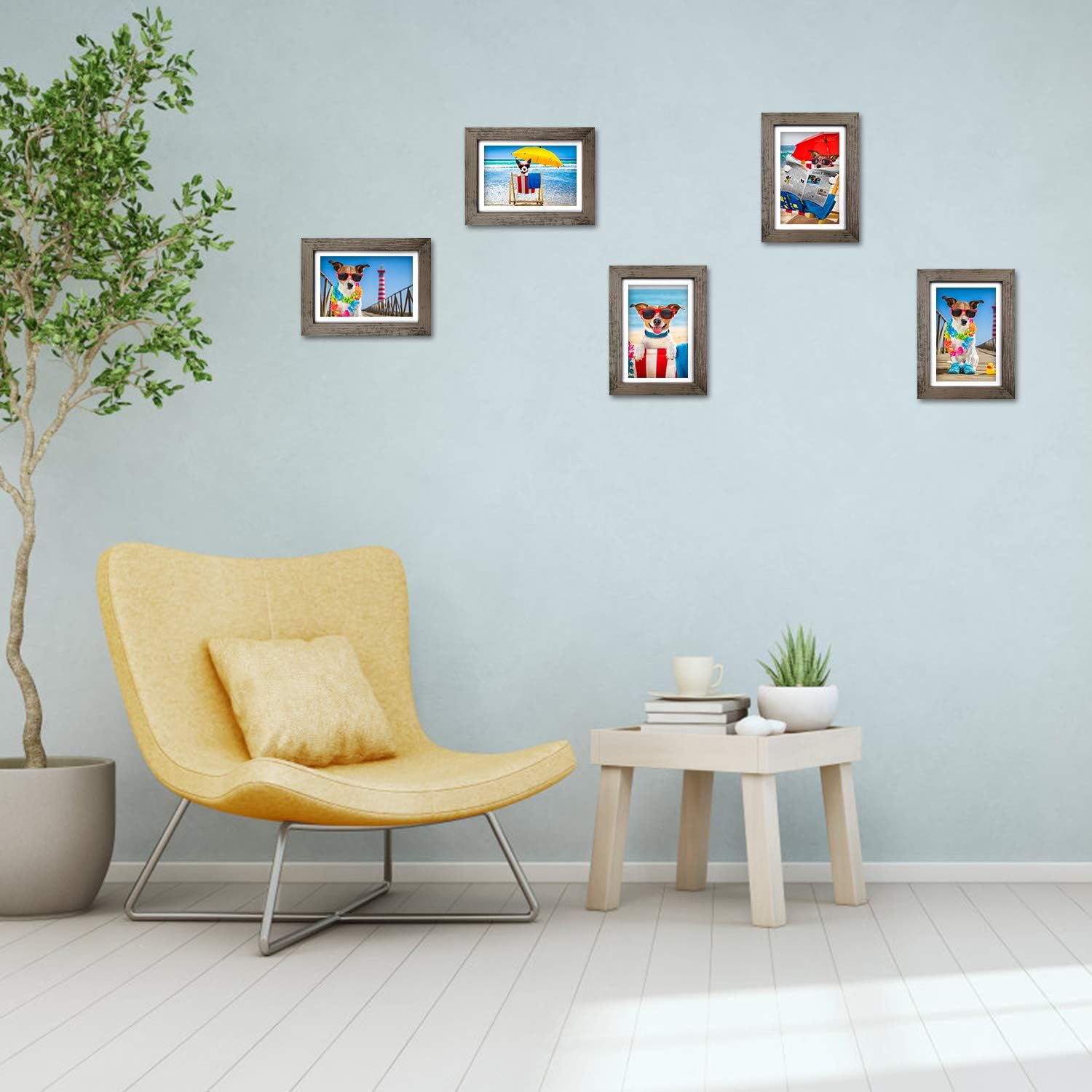 4x6 Picture Frame with Mat Grey Wood with High Definition Glass for Tabletop or Wall Display, Set of 4