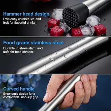 2pcs 25cm Cocktail Muddler and 2pcs 26cm Spoons, Bar Tool Set with Stainless Steel Muddlers and Long Spoons, Professional Cocktail Making Kit for Home Bartenders and Party Hosts