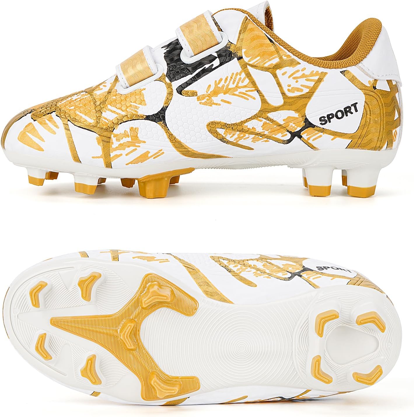 Linkidea Kids FG Soccer Shoes No Laces, Laceless Firm Ground Soccer Cleats for Unisex-Child, Kids Lace Less Soccer Shoes for Grass Field (Gold/White)