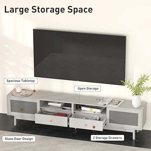 Miniatura 4 de Bonzy Home Soporte de TV con almacenamiento para TV de 80 pulgadas, moderno centro de entretenimiento con puertas de vidrio y 2 cajones, consola de