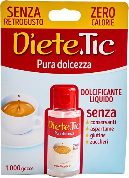 Diete.Tic, Dolcificante Liquido Zero Calorie, Formato Comodo e Pratico da 50 ml, Senza Glutine, Senza Conservanti e Aspartame, Ottimo per Dolcificare Bevande Calde e Fredde, Yogurt, Macedonie e Dolci - 1