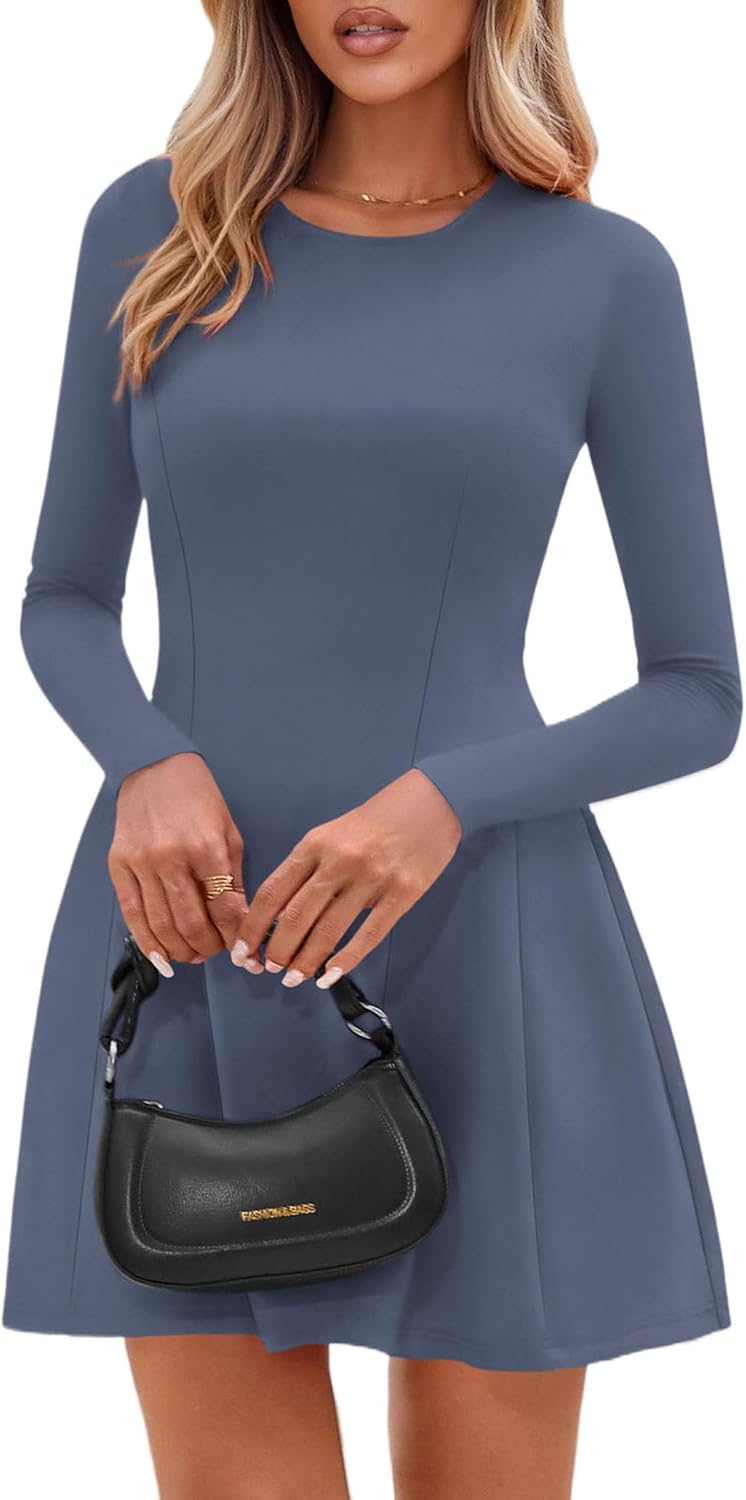 PRETTYGARDEN Long Sleeve Mini Dress for Women 2026 Spring Crewneck Knit Pleated Babydoll A Line Casual Short Party Dresses - Image 2