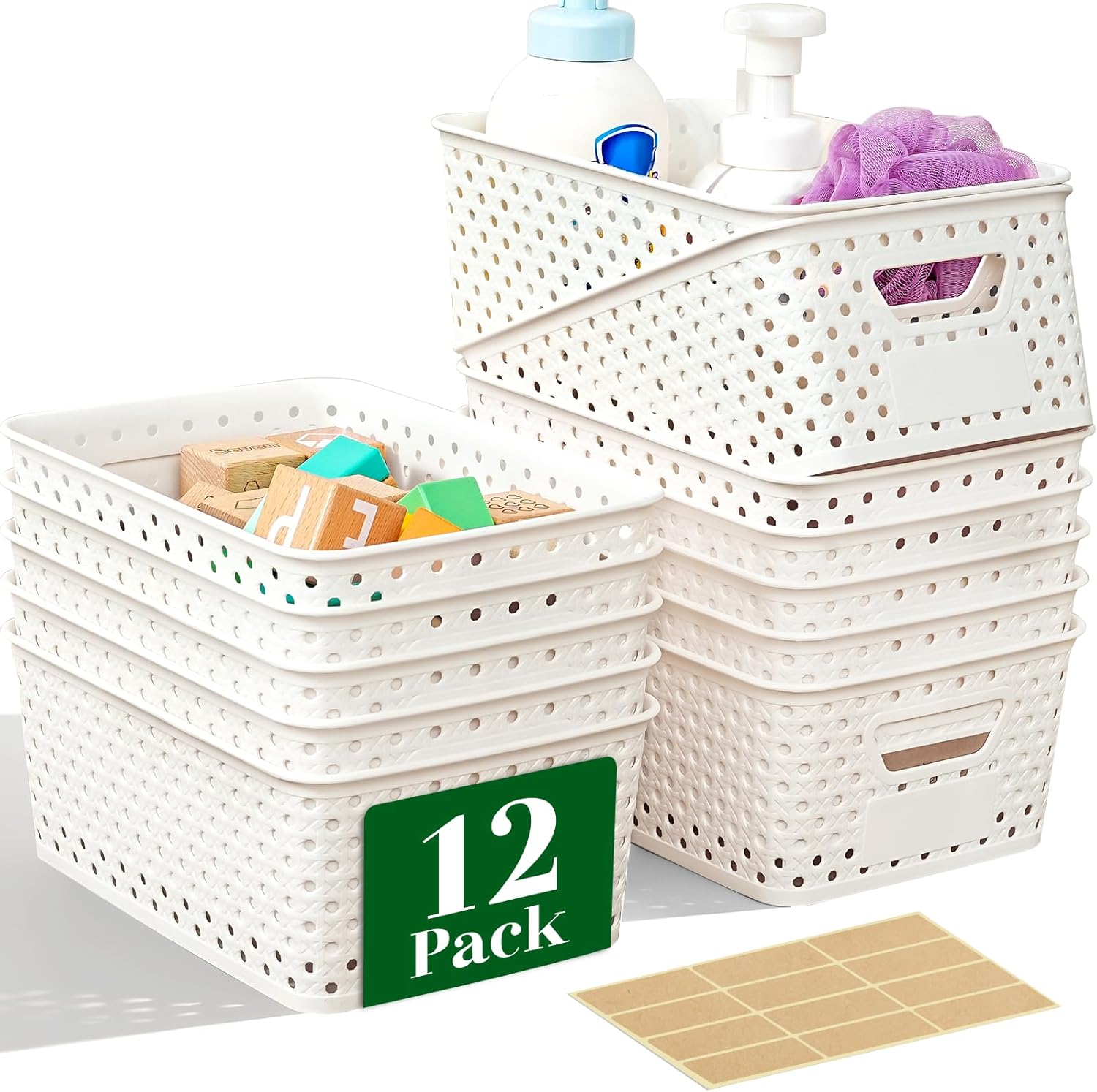 12 Pack Plastic Storage Baskets for Organizing, Storage Baskets for Shelves with Handles, Small Storage Bins with Labels, Organizer Baskets for Cabinet,Closet, Office