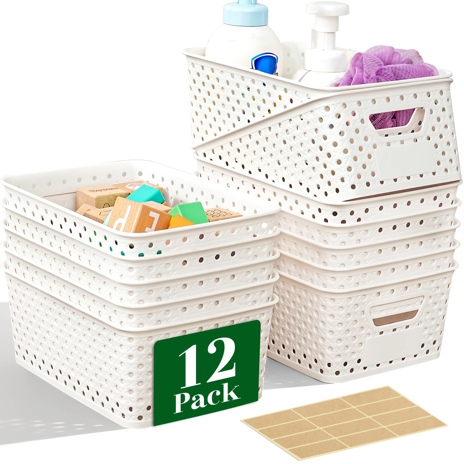 Photo 1 of 12 Pack Plastic Storage Baskets for Organizing, Storage Baskets for Shelves with Handles, Small Storage Bins with Labels, Organizer Baskets for Cabinet,Closet, Office