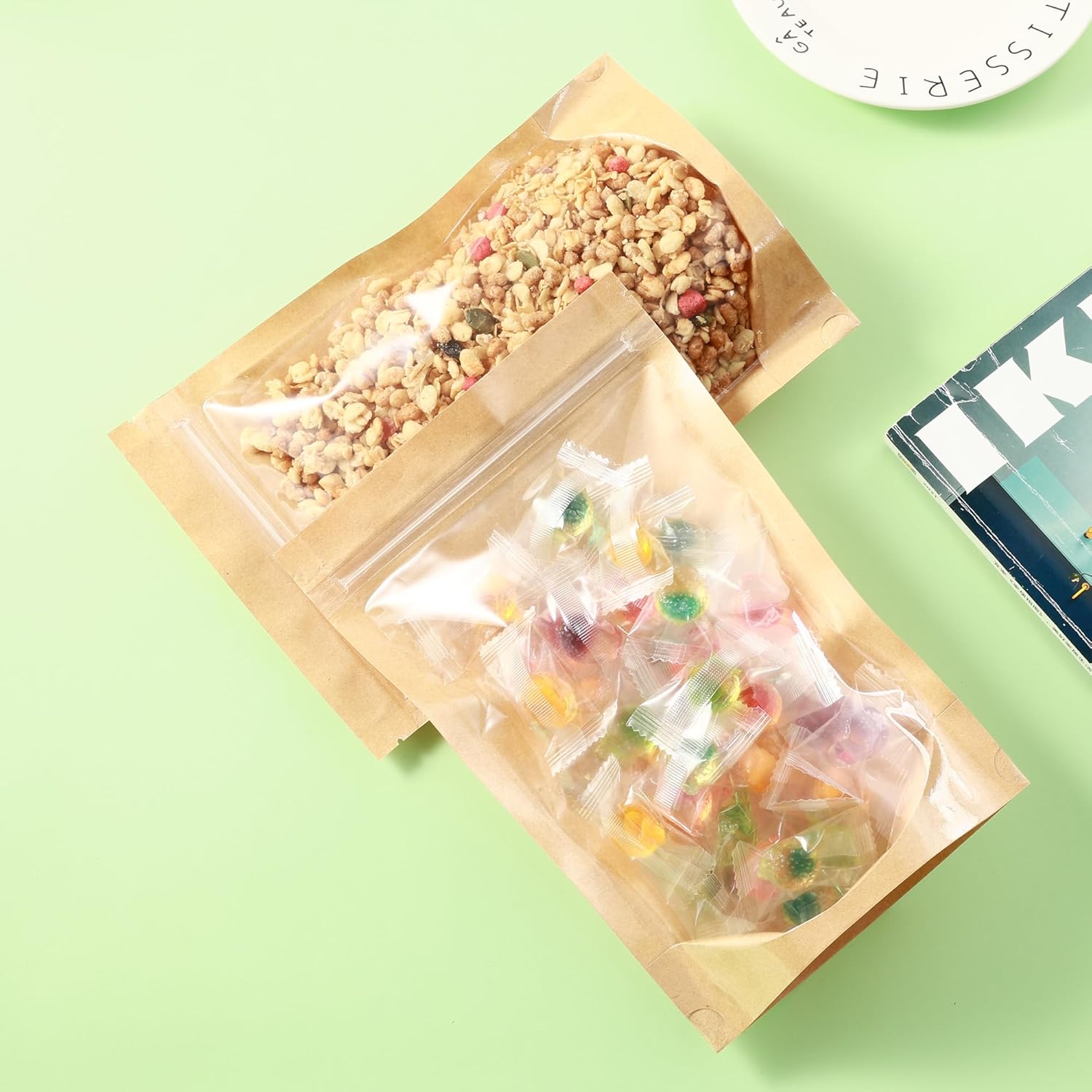 Paquete De 150 Bolsas De Papel Kraft Con Ventana Transparente De 5 X 8 Pulgadas Bolsas De Mylar Pequenas Con Cierre Para Almacenamiento De - Foto 5