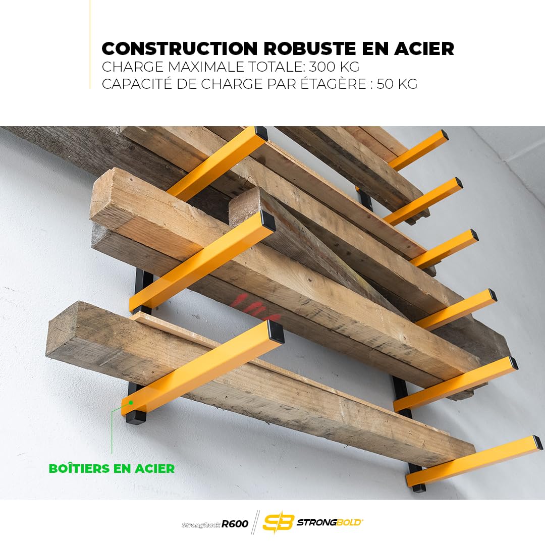 StrongRack R600 Étagère Murale Charge Lourde | Rangement Garage et Atelier à 6 Niveaux | Support Mural pour Bois, Skis et Organisateur d'Outils de Jardin