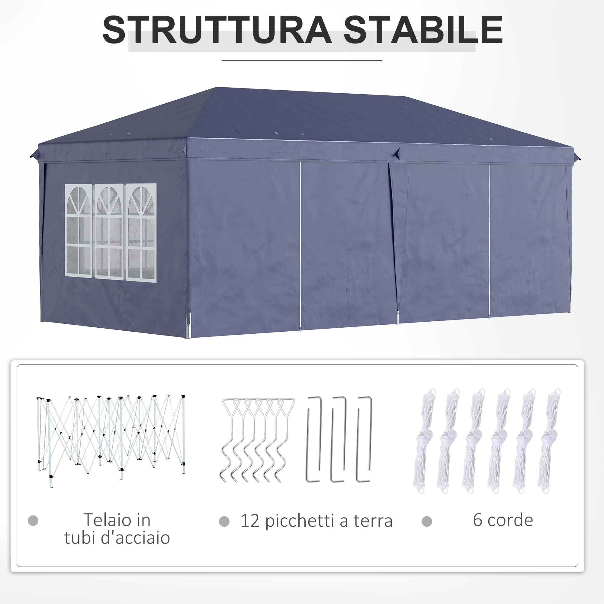 Outsunny Gazebo Pieghevole 6x3 m Pop Up con Finestre e Pannelli Laterali, 2 Porte, Borsa da Trasporto, per Esterno, Blu