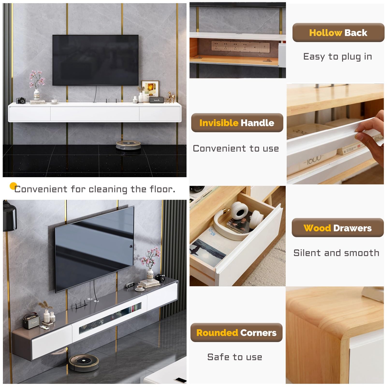 Mobile TV sospeso a Parete con cassetti e Ante, consolle multimediale in Legno montata a Parete con Foro per Cavi e Router, Moderno scaffale portaoggetti per Centro di intrat,A-200x24x20cm