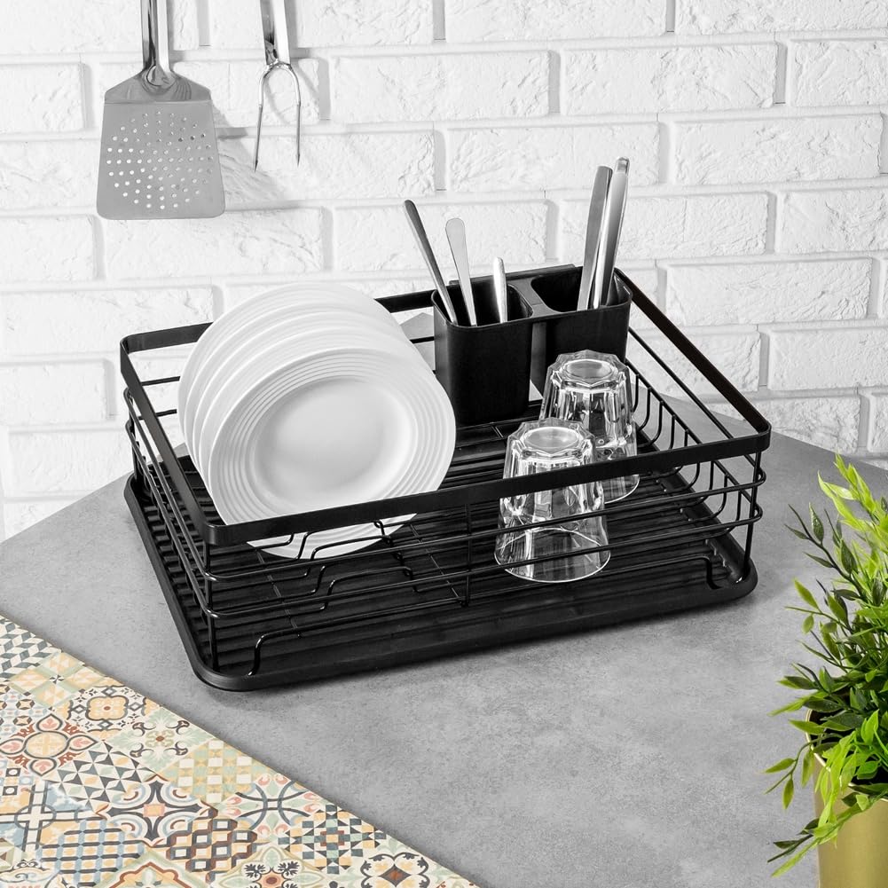Vilde Escurridor de platos con soporte para cubiertos, de metal y plástico, 43 x 32 x 14,5 cm
