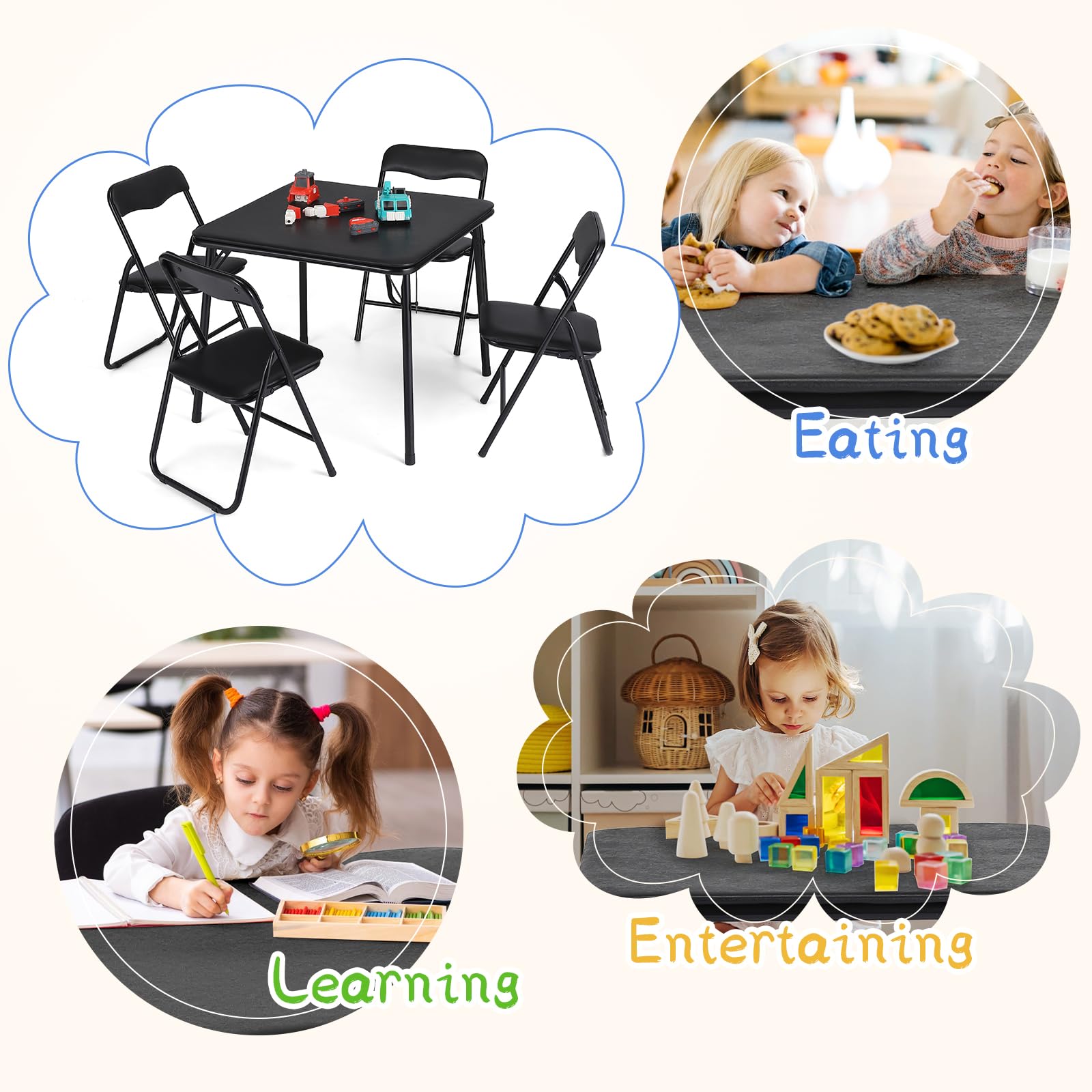 GarveeLife Set Infantil Plegable para Niños, Conjunto de 5 Piezas de Mesa y Sillas de Actividades para Niños, Cojines Acolchados para Salas de jJuegos, Guarderías y Dormitorios