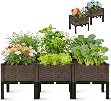 CloudDream 3Piece Brown Raised Garden Box Set, Ideal for Growing Vegetables, Herbs, Flowers & Succulents. with Built-in Drain outlets and,it Works Well Indoors and Outdoors, Suitable Brown