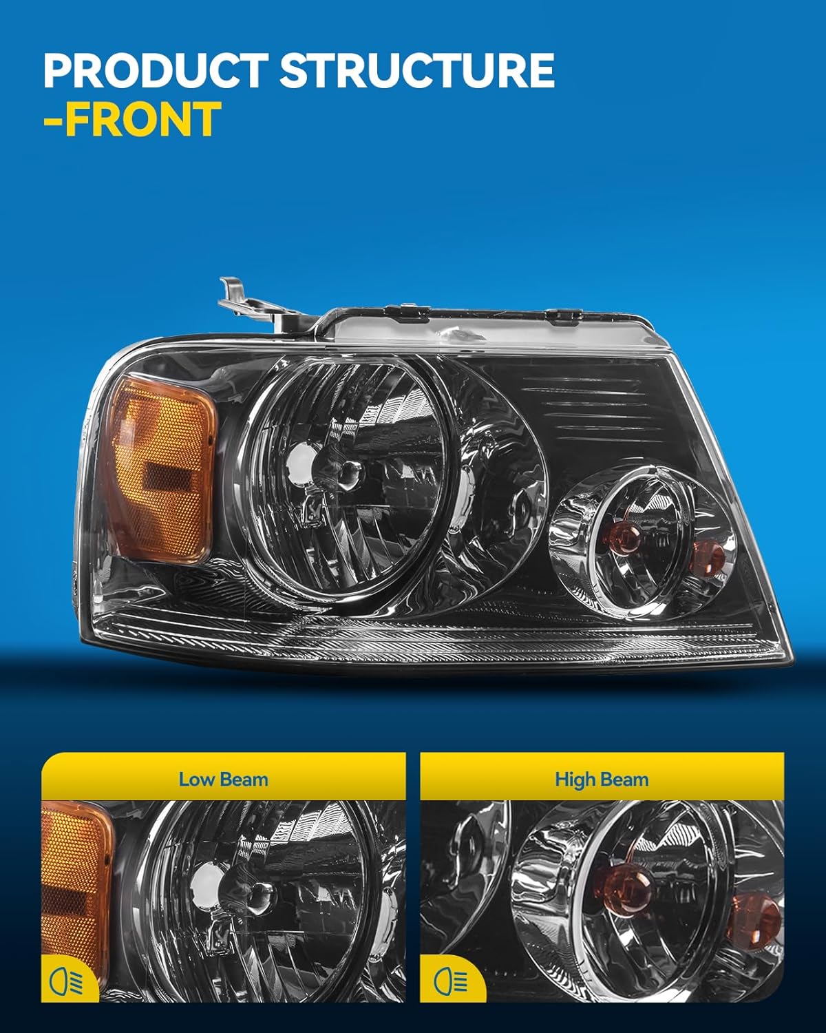 PHILTOP Pair Headlights Assembly Compatible with 2004 2006 2007 2008 Ford F150, 2006 Lincoln Mark LT,Chrome Housing Smoke Lens Amber Reflector,Halogen Headlamps (Driver + Passenger Side)