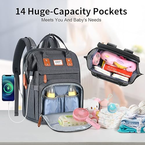 Miniatura 2 de HOBEST Mochila para pañales bolsa de pañales de viaje grande multifunción con cambiador y puerto de carga USB para mamás papás bolsa de bebé unisex