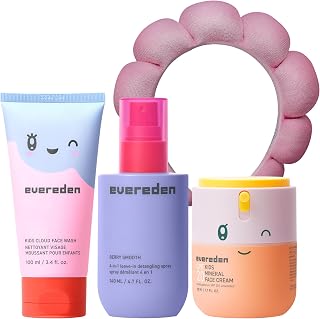 Evereden Kids Morning Skincare Set – Cloud Face Wash, SPF 20 Daily Face Cream, Hair Spray & Headband – 4-Piece Clean Routine, Vegan & Dermatologist-Tested