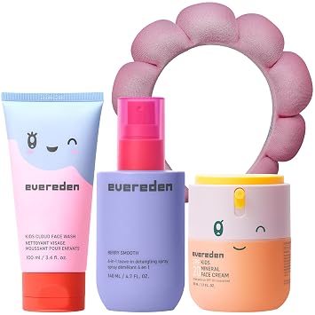 Evereden Kids Morning Skincare Set Cloud Face Wash, SPF 20 Daily Face Cream, Hair Spray & Headband 4-Piece Clean Routine, Vegan & Dermatologist-Tested