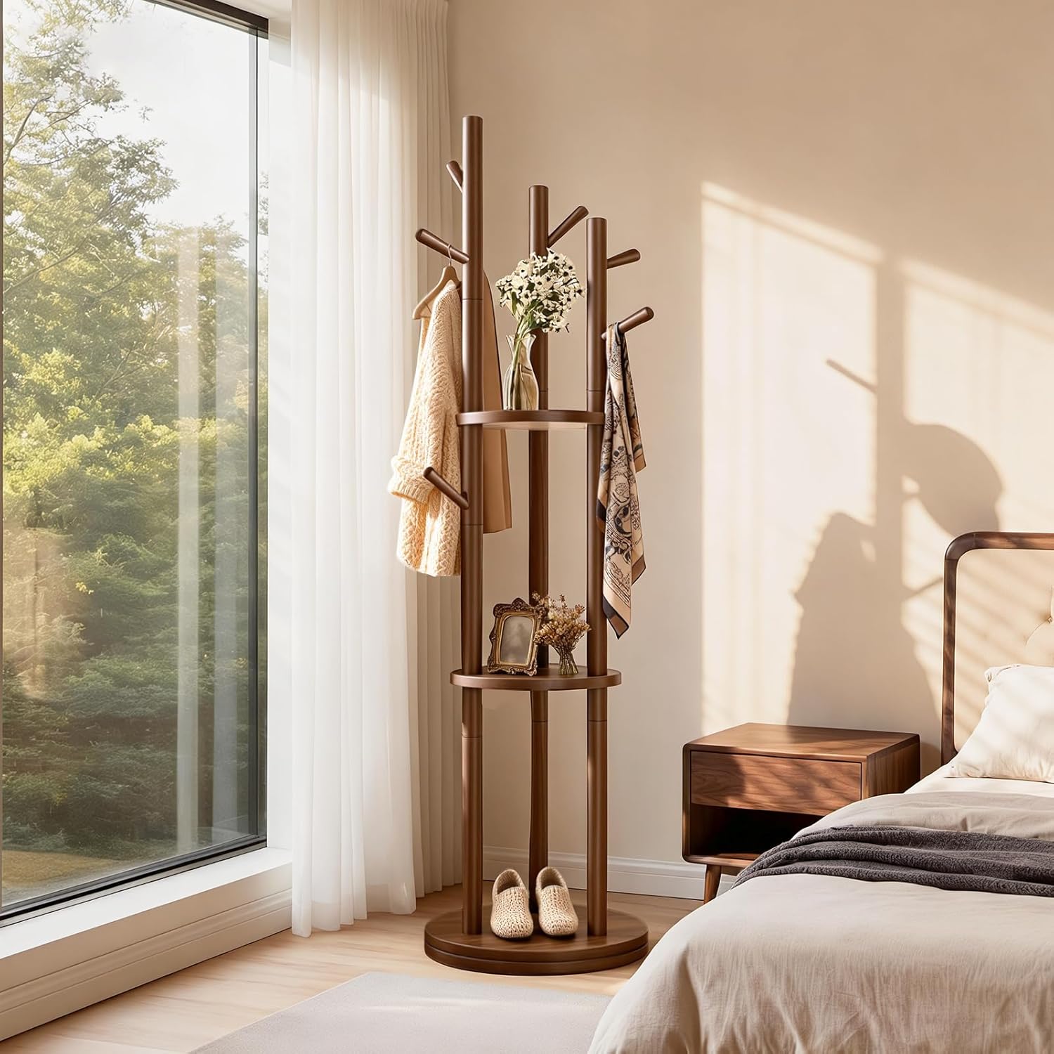 Solid Wood Rotary Coat Rack, Coat Rack Freestanding with 3 Storage Shelves & 9 hooks, Coat Tree for Entryway, Livingroom, Bedroom, Coat Hanger Stand for Coats, Scarves, Handbags, Hat (Walnut)