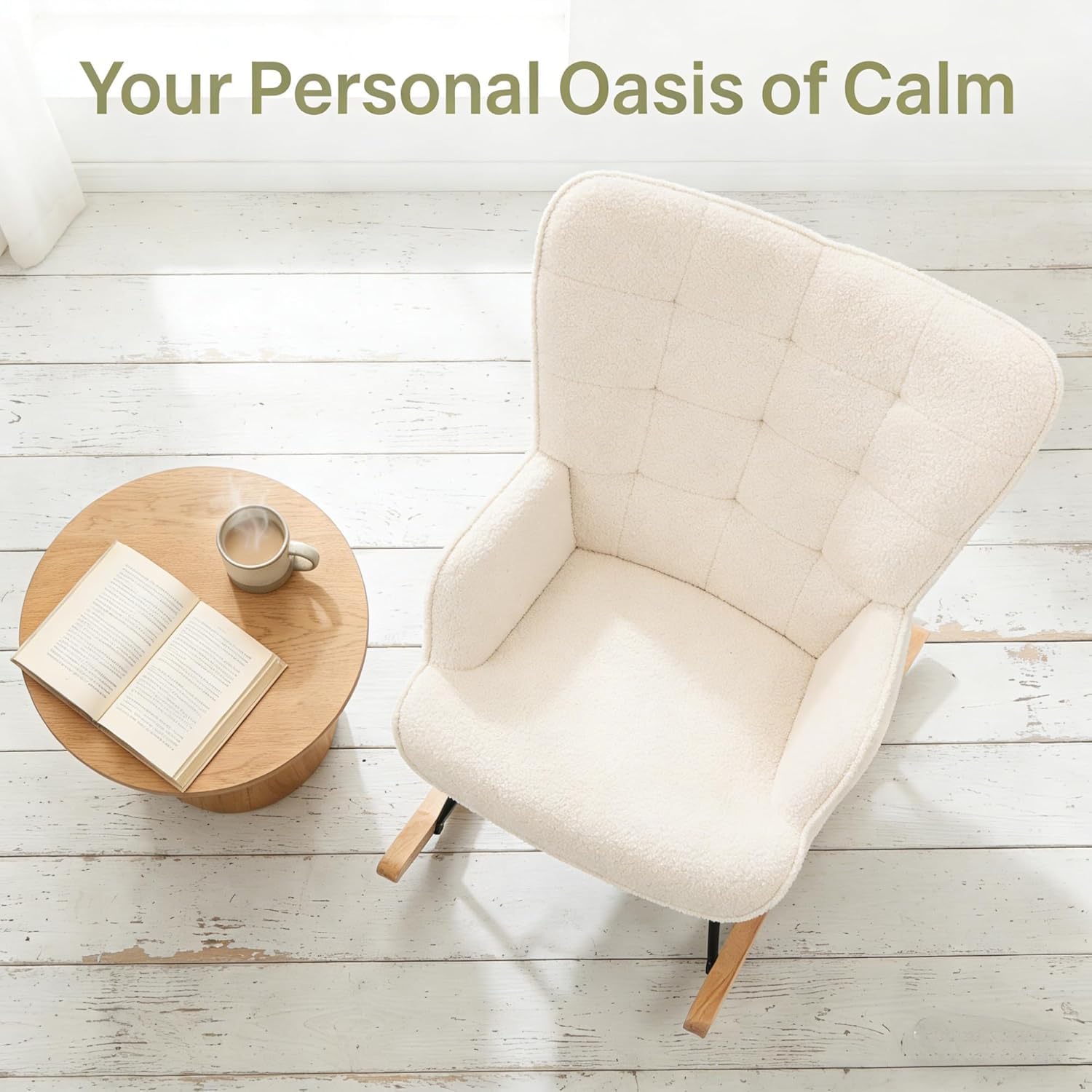LONELYO Fauteuil à Bascule, Rocking Chair en Tissu Teddy Beige, Fauteuil de Salon avec Assise Rembourrée, Dossier Carré avec Accoudoirs Confortables, Idéal pour Salon et Chambre, Coin Lecture
