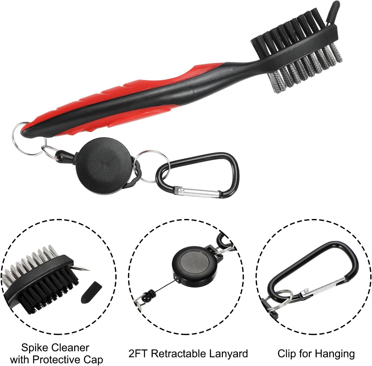 Golf Club Brush, 2Ft Extension Cord Golf Club Groove Cleaner with Retractable Cleaning Nails Double Brush Head and Ergonomic Grip, Red