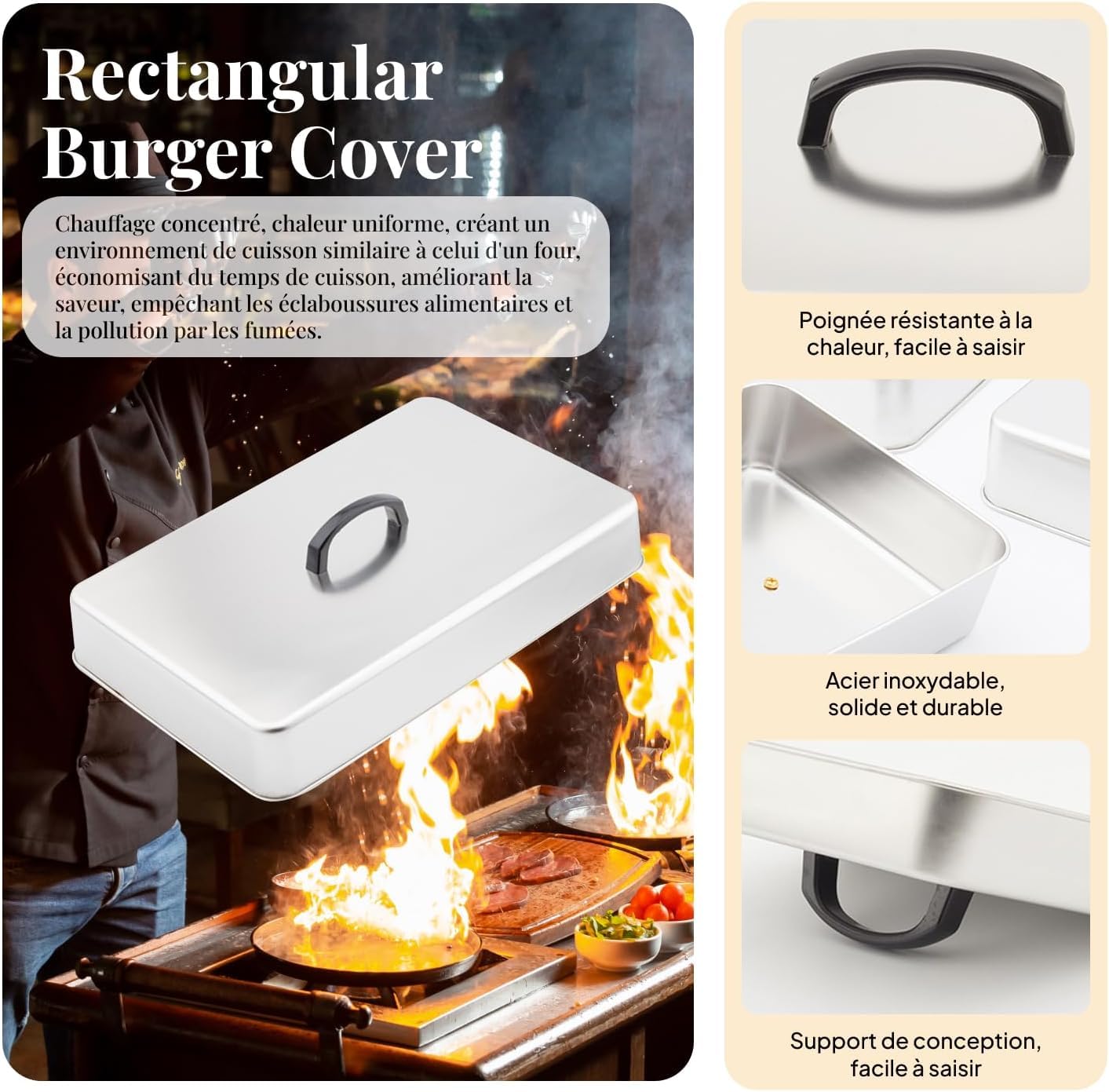 Couvercle de Cuisson pour Hamburger, Cloche Plancha En Acier Inoxydable, Cloche de Cuisson pour Plancha, Dôme de Fonte de Fromage Polyvalent, pour Steaks, Sandwichs Teppanyaki, 43.5 X 28.3 X 6.6 Cm
