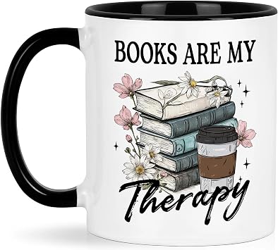 Book Lover Gifts - Books Are My Therapy Mugs with Black Handle, Bookish Coffee Mug with Stacked Book Design, Birthday, Christmas Gift for Books Lovers Women, Bookworm Mugs for Readers