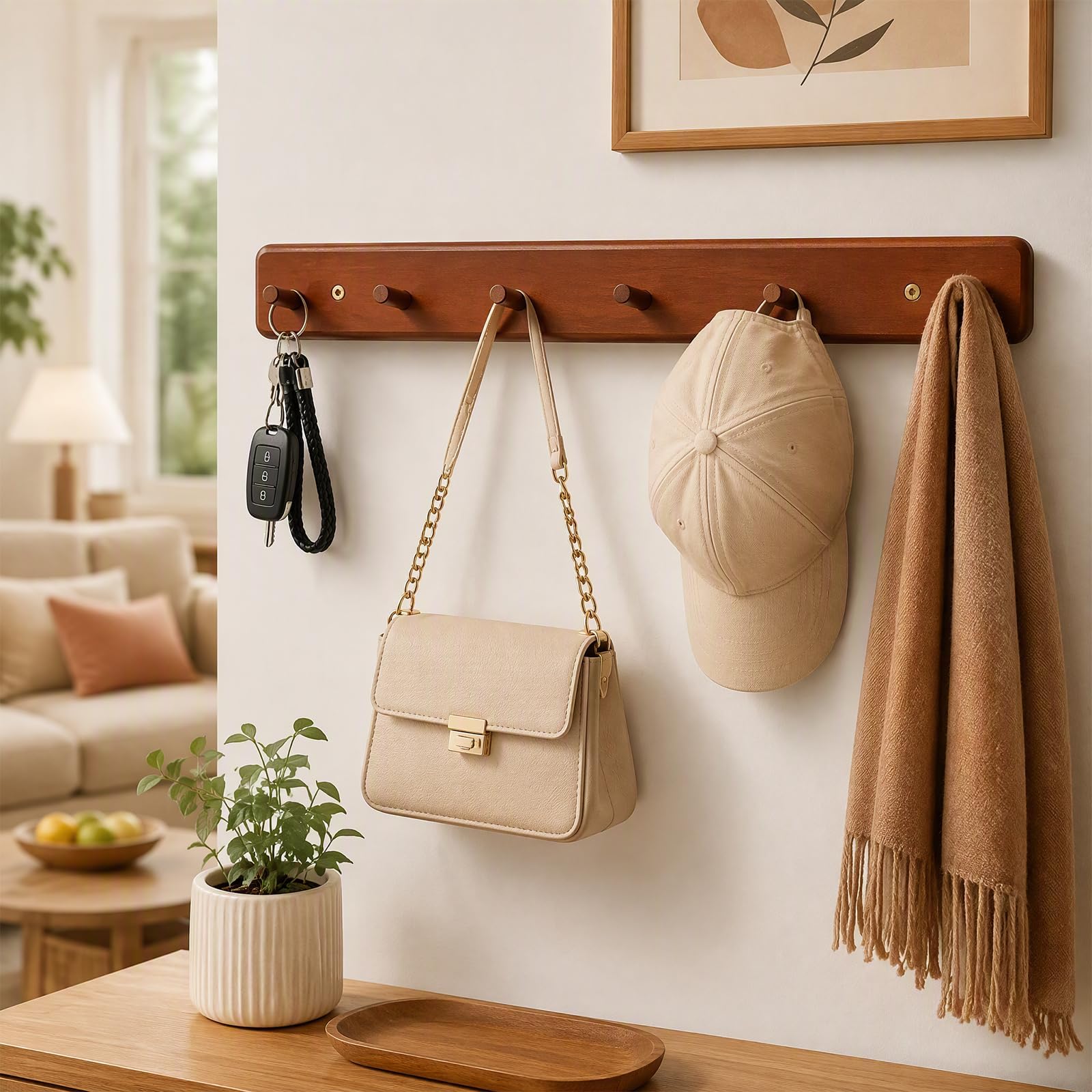 Wooden Coat Rack Wall Mounted, 52cm Coat Rack with 6 Wall Hooks,Moso bamboo