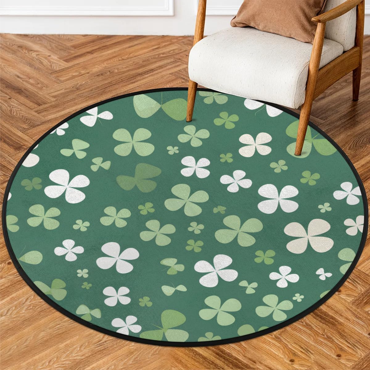 Rug Area, White Four Leaf Clovers Rug Accent Anti-Slip Distressed Protector Gaming Computer Chair Mat Throw Rugs Floor Carpet for Living Room Bedrooms Laundry Decor Gaming Diameter 63in