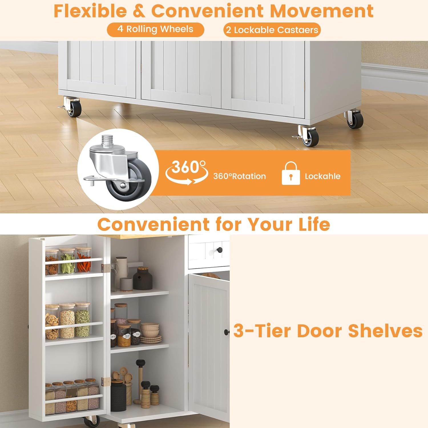 Bigbiglife Kitchen Island with Drop Leaf, Island Table on Wheels with Storage Cabinet, Modern Sideboard Buffet with Doors, Rolling Kitchen Island Cart for Dinning Room,White