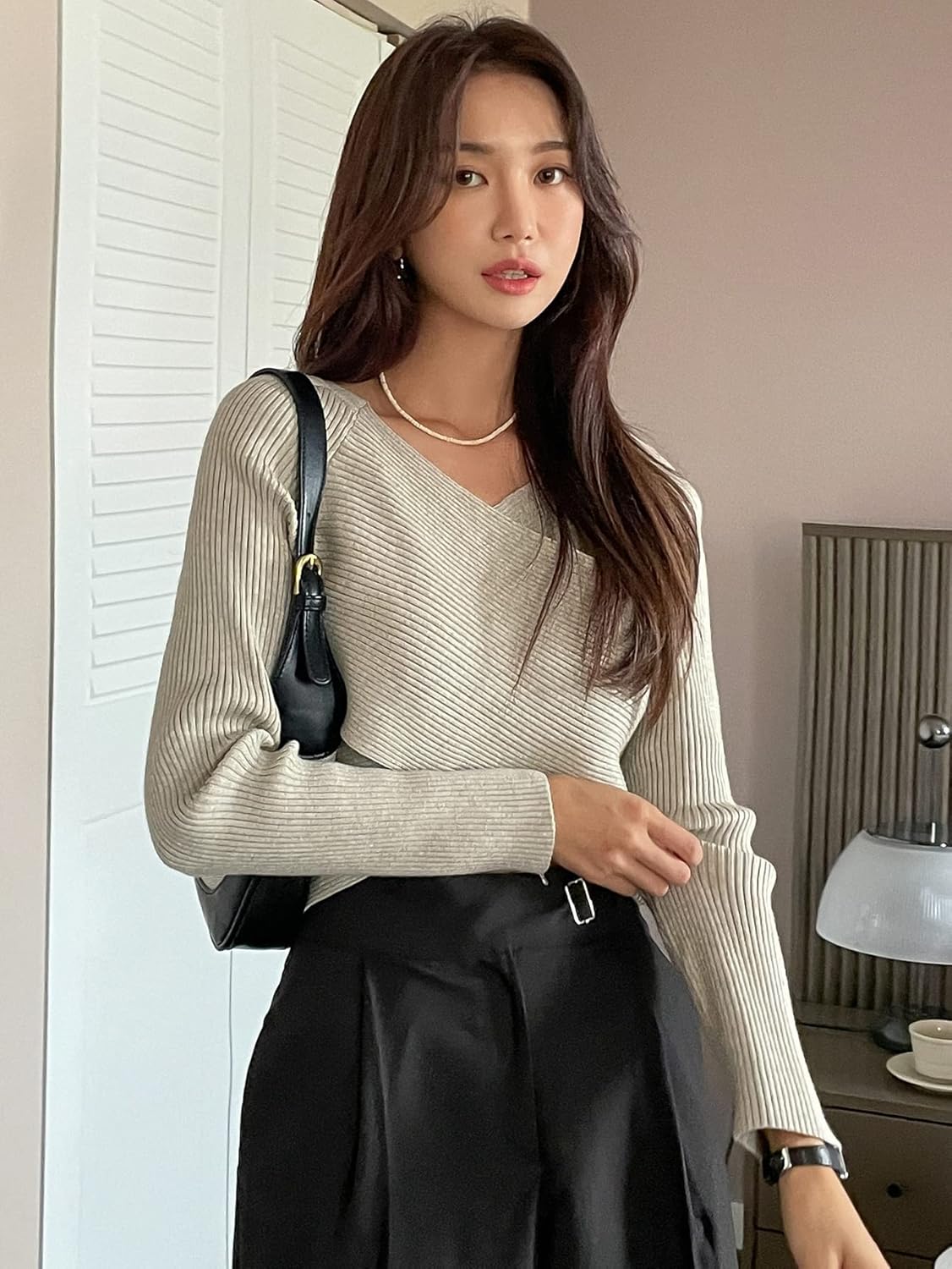 Women's Sweater Rib-Knit Wrap Cross Raglan Sleeve Crop Sweater Sweater for Women (Color : Apricot, Size : Medium)