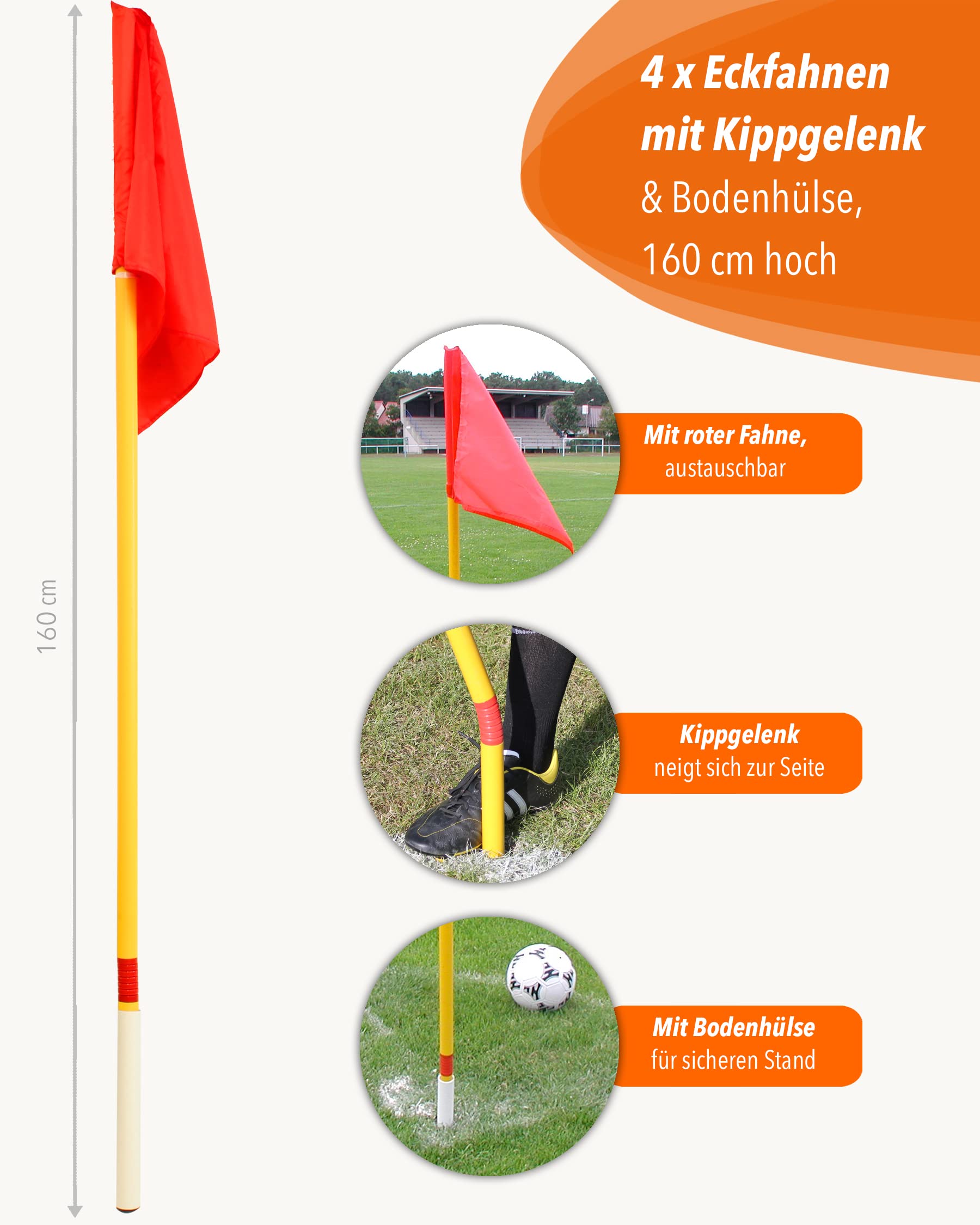 Bandiere angolari con giunto ribaltabile – 4 in set – con manicotto inferiore – 160 cm di altezza – per marcatura sul campo di gioco – per calcio e altri sport