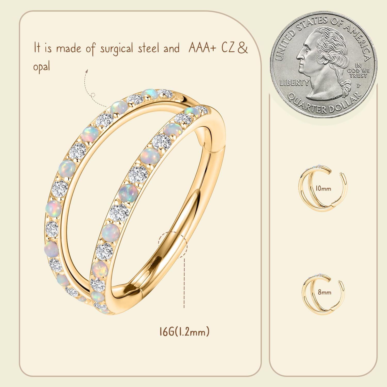 AROWRO Conch Piercing Jewelry Nose Rings Hoops Septum Rings Cartilage Earrings for Women Men Helix Piercing Jewelry Rook Tragus Surgical Steel Gold Silver 16G 18G 20G With Cubic Zirconia Opal