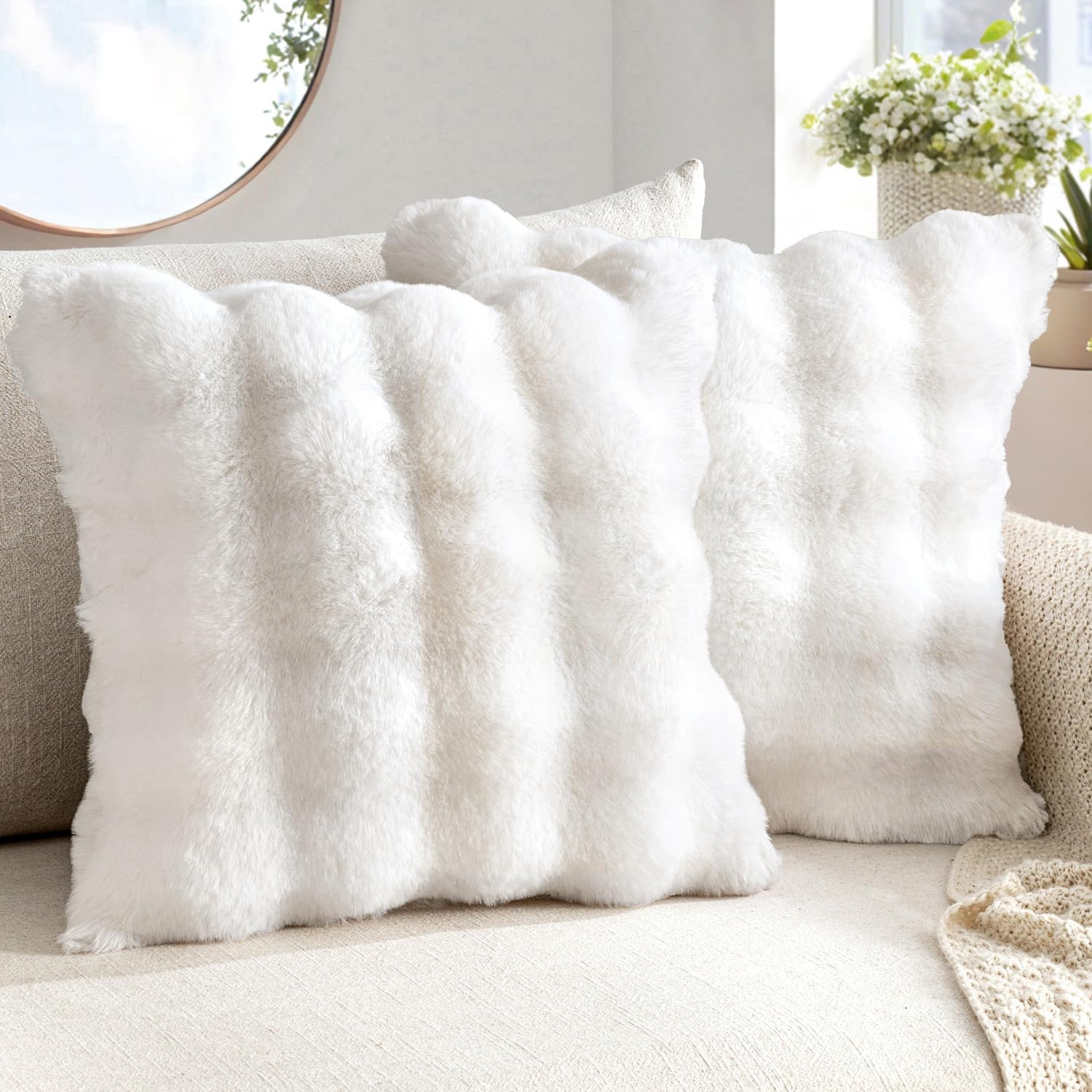 miulee pack of 2 decorative pillow covers thick soft plush faux fur throw pillows christmas luxury home decor for winter holiday couch bedroom living room sofa,20x20 inch white 20" x 20" (pack of 2) white