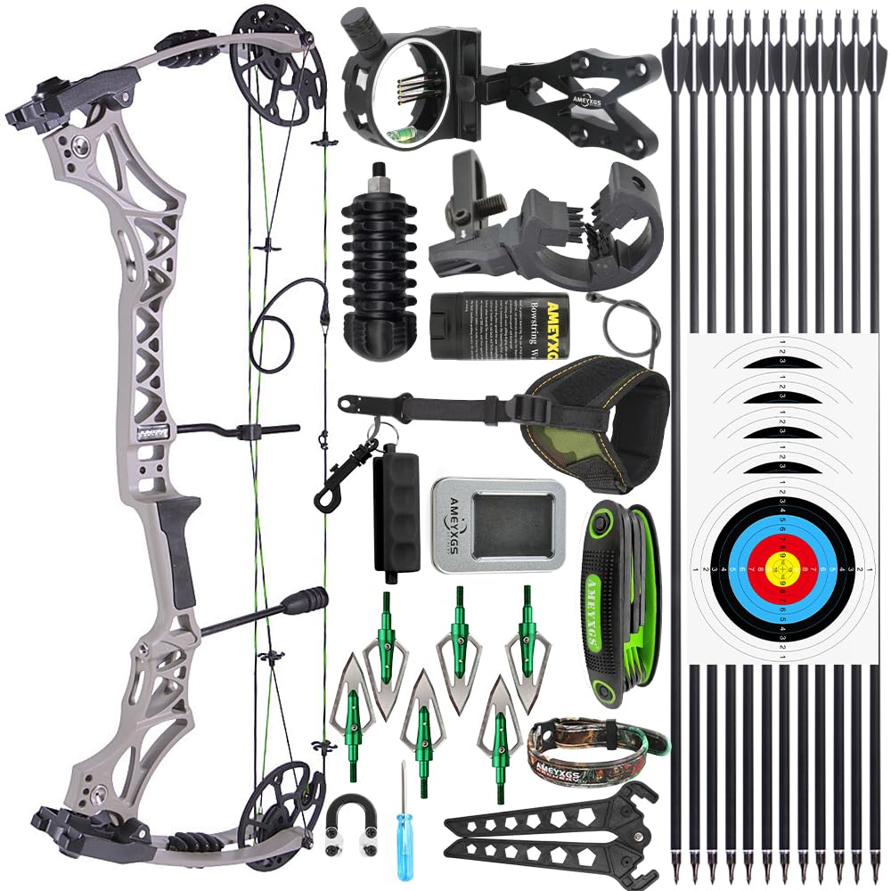 Set arco compound per destrimani regolabile 30-70 lbs, manico lega magnesio sgravio 80%, kit completo arco e frecce per tiro adulti e caccia