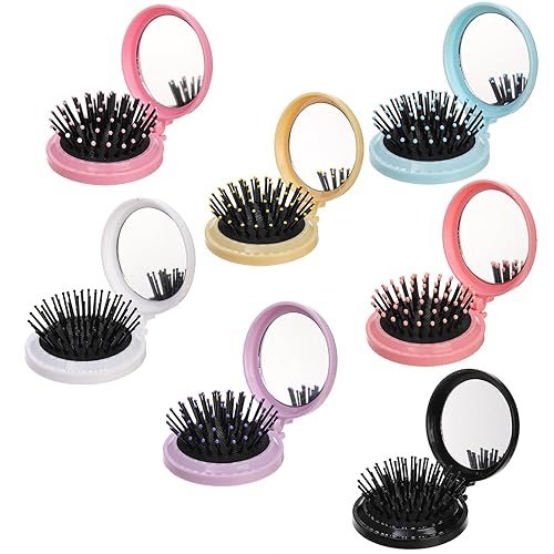 Miniatura 4 de Lawei Cepillos de viaje plegables con espejo – Cepillo de bolsillo portátil redondo, mini peine de masaje de pelo compacto para bolso, colorido para