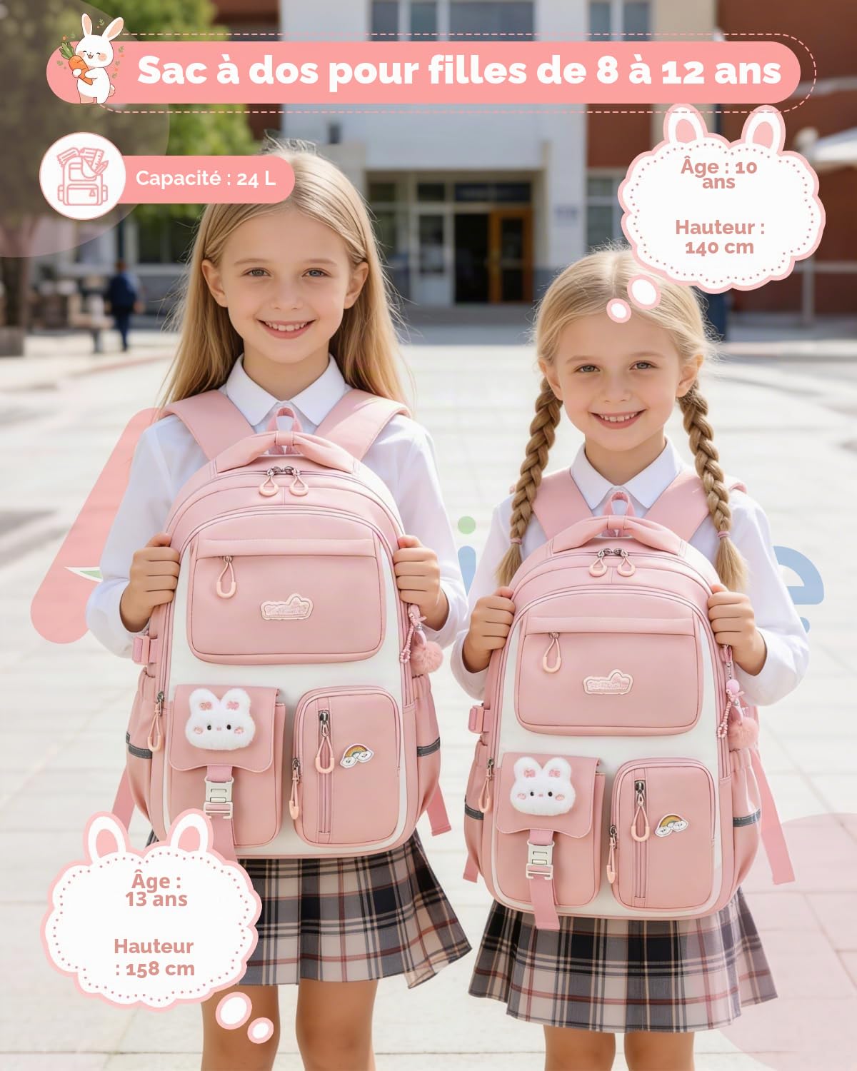 Amythe Cartable Fille Primaire, Sac à Dos Scolaire Léger en Nylon pour Filles, Tendance Sac d’École College pour les Voyages avec Pendentif, Convient aux Chariot, Rose