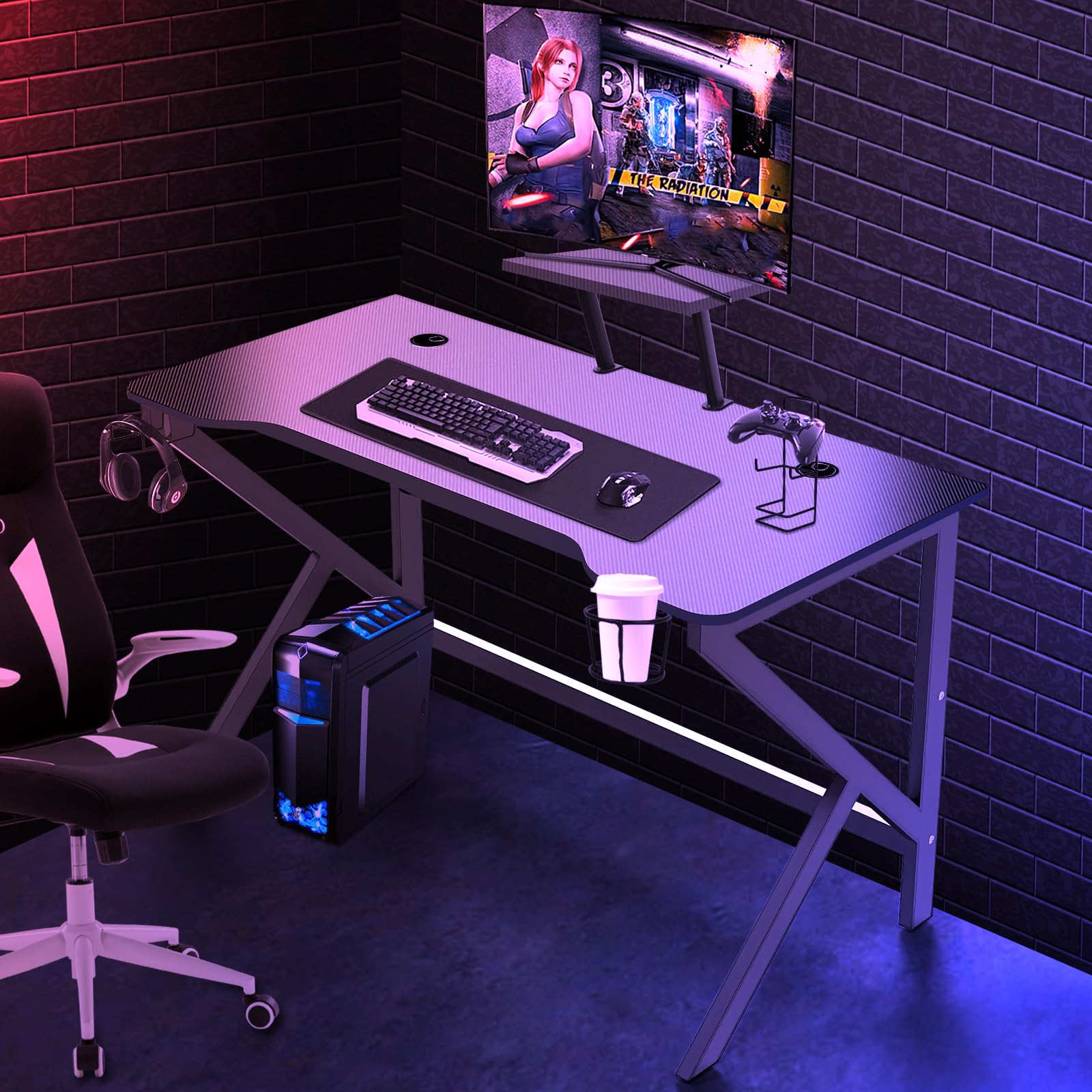 Scrivania Gamer Ergonomico, Vassoio in Fibra di Carbonio Impermeabile Antigraffio Struttura a Forma di K, Accessori Inclusi per Ufficio e Gioco, Tavolo Multifunzione per Adulto, 100x55x74