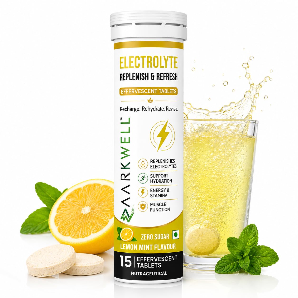 electrolyte effervescent tablets for hydration, electrolyte replenishment, energy & stamina support, zero sugar lemon mint flavour | 15 tablets