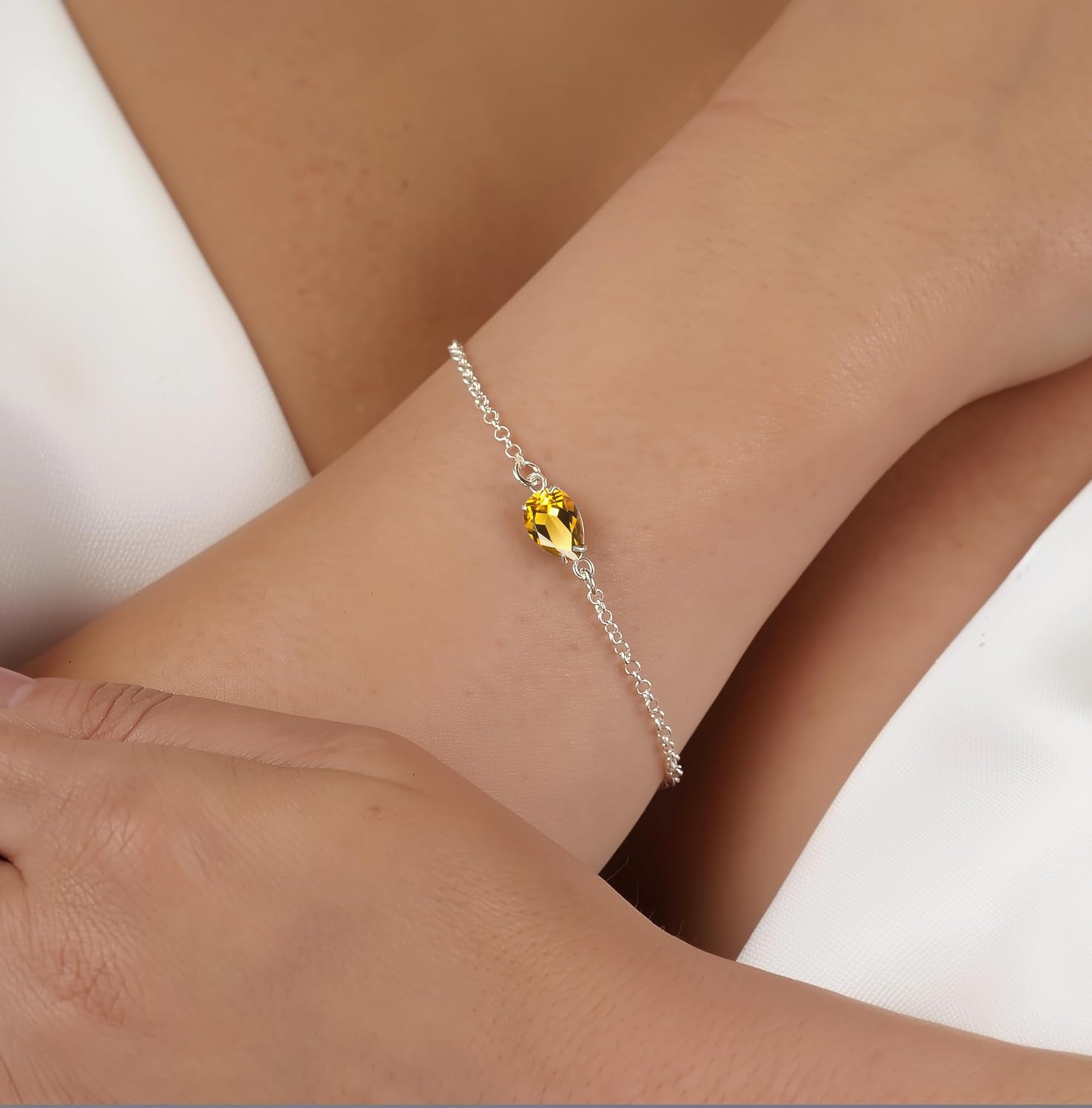 November Birthstone Bracelet - Teardrop Citrine in 925 Sterling Silver - Adjustable Dainty Chain - Personalized Gift for Women, Mom, or Bridesmaid