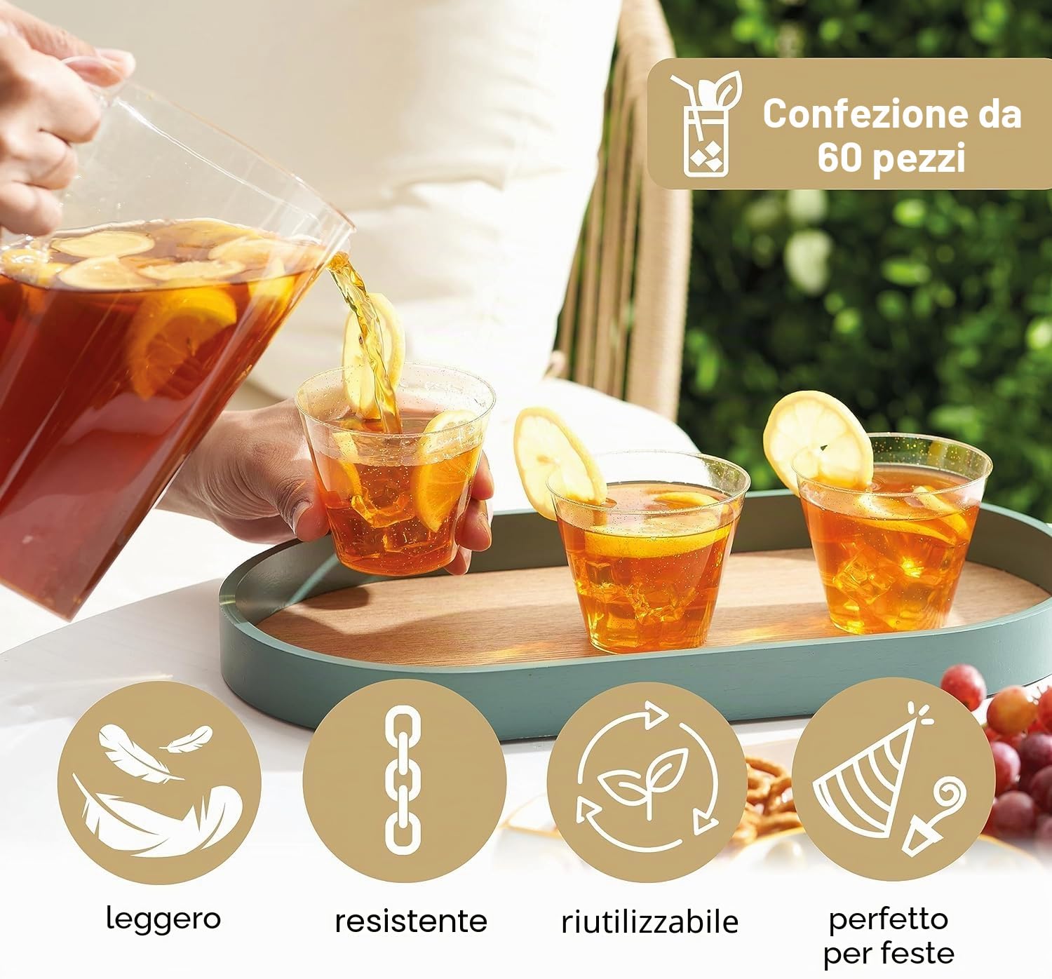 Matana - 60 Bicchieri di Plastica Rigida Trasparente con Glitter Oro (270ml / 9oz) - Bicchieri da Festa - Resistenti e Riutilizzabili - Matrimoni, Compleanni, Natale, Feste