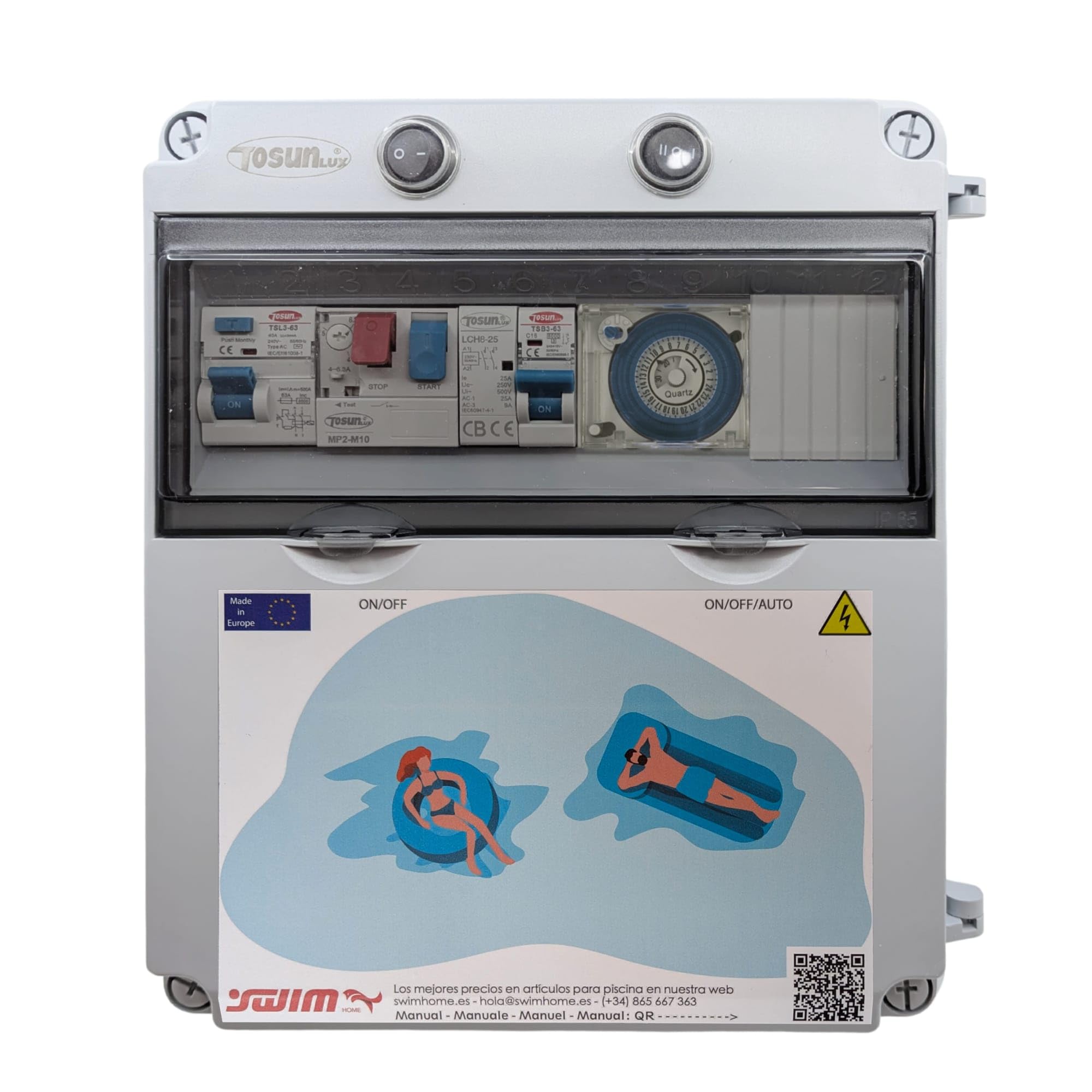 SWIMHOME Cuadro Eléctrico Piscina con Guardamotor 0,5 CV, Transformador 100W 12V y Reloj Programador IP55