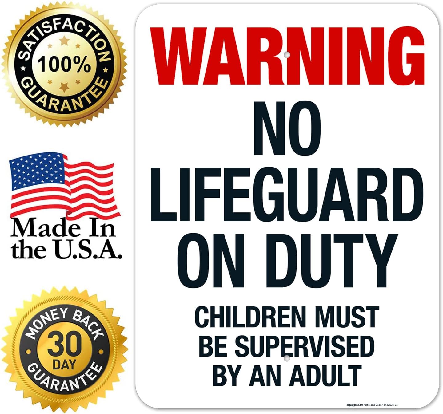 Maine Warning No Lifeguard On Duty Sign, Complies with State of Maine Pool Safety Code, 18x24 Inches, 55 mil Thick HDPS (high Density polystyrene), Made in USA